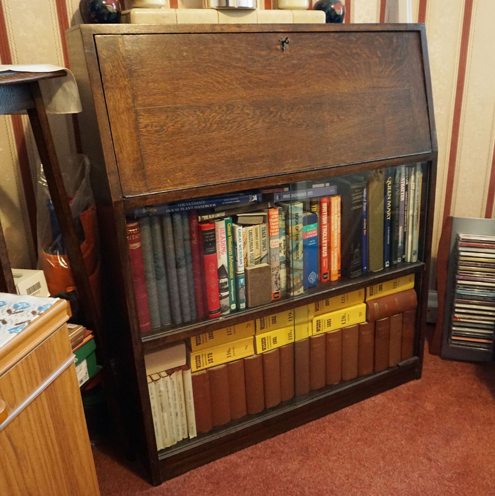 Mid Century Oak Bureau With Glass Fronted Bookcase Lockable Desk Vintage