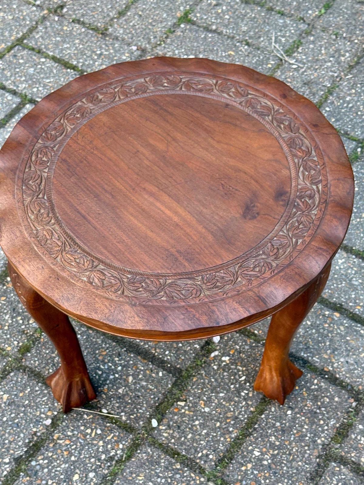 Vintage Low Round Wooden Stool Carved Foliate Design Rustic Side Table Decor photo Furniture