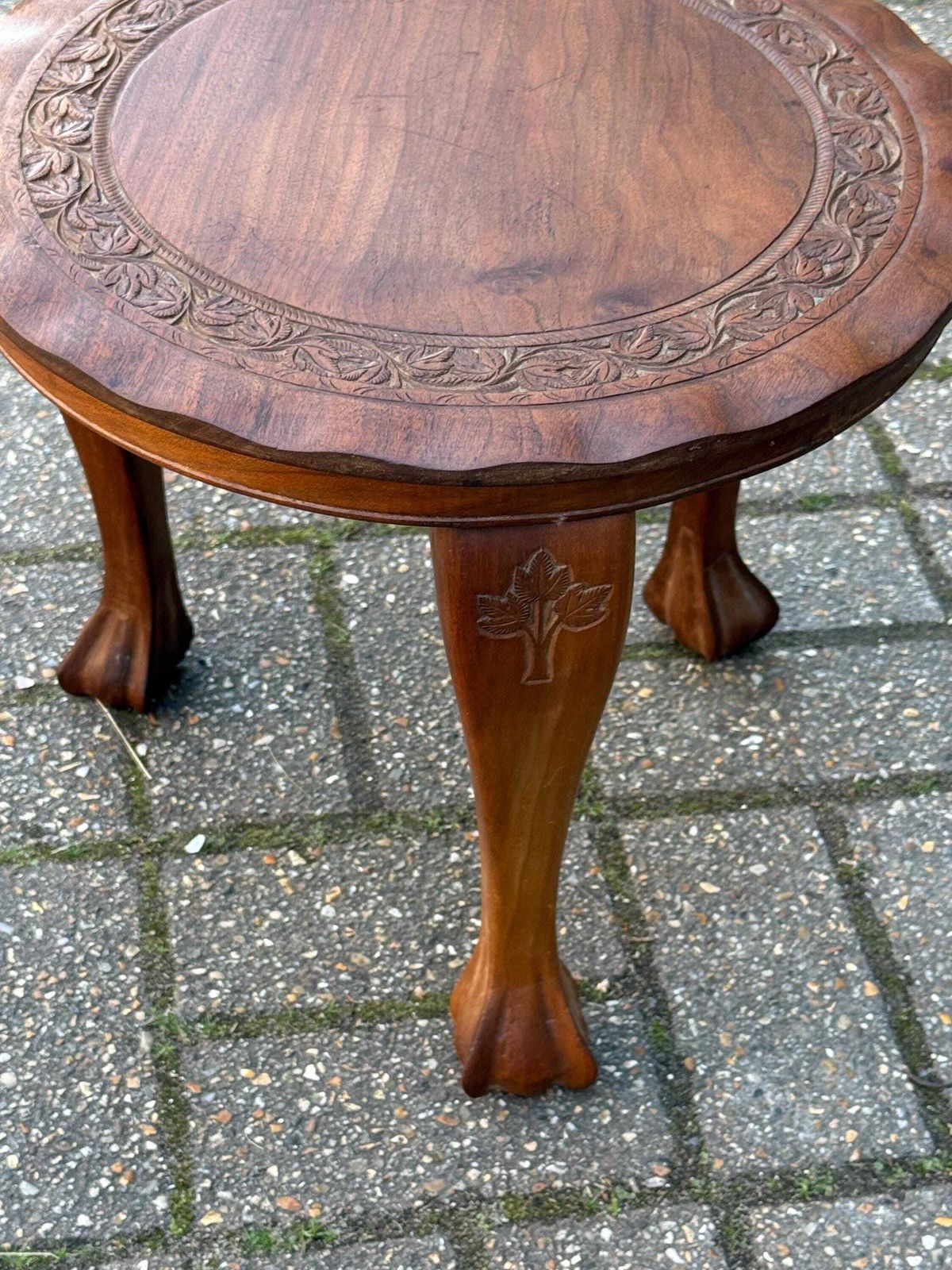 Vintage Low Round Wooden Stool Carved Foliate Design Rustic Side Table Decor photo buy