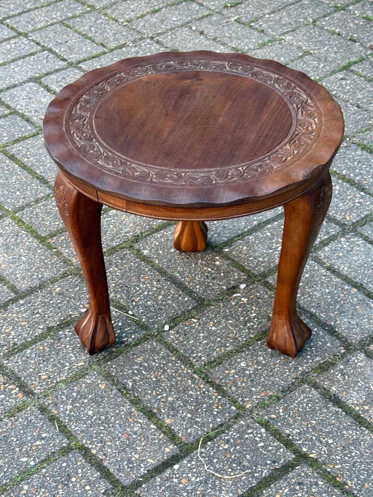 135.0 Vintage Low Round Wooden Stool Carved Foliate Design Rustic Side Table Decor photo