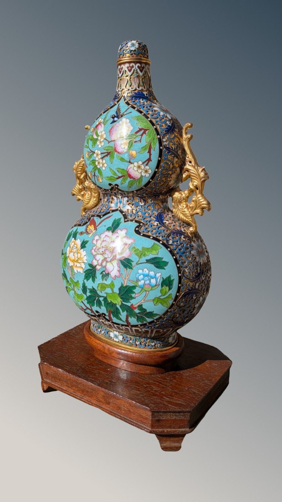 Chinese Cloisonne & Champleve Double Gourd Vase On Stand   Qing Period photo vinterior