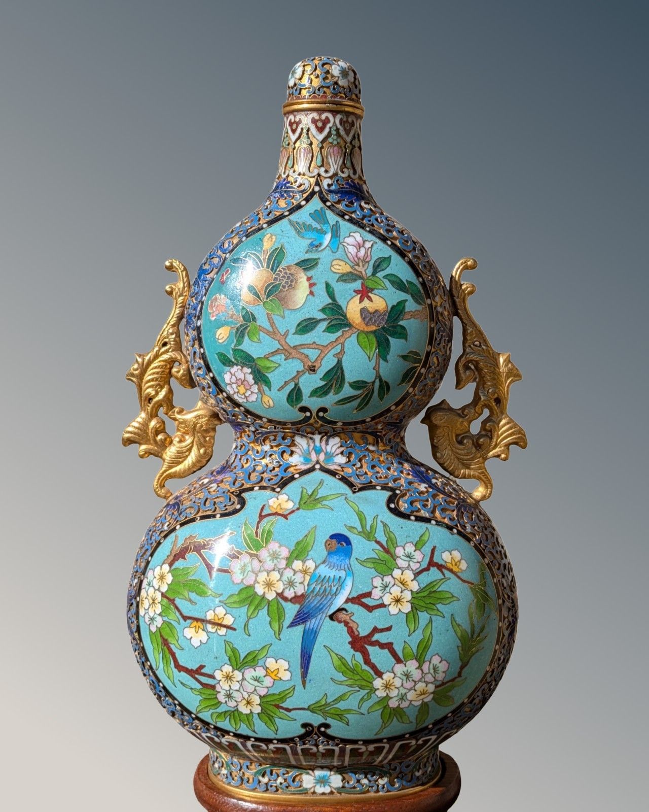 Chinese Cloisonne & Champleve Double Gourd Vase On Stand   Qing Period photo vintage