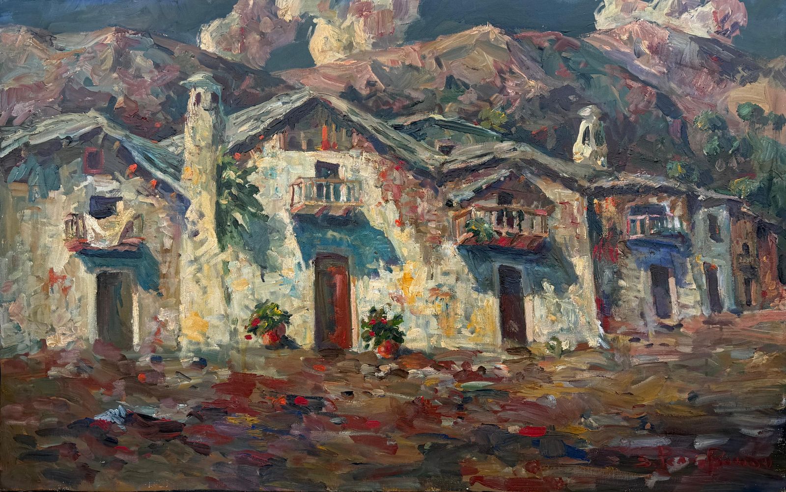 Salvador Pérez Bassols Large Impressionist Pyrenees Village Landscape, Vielha Aran Valley Oil Painting