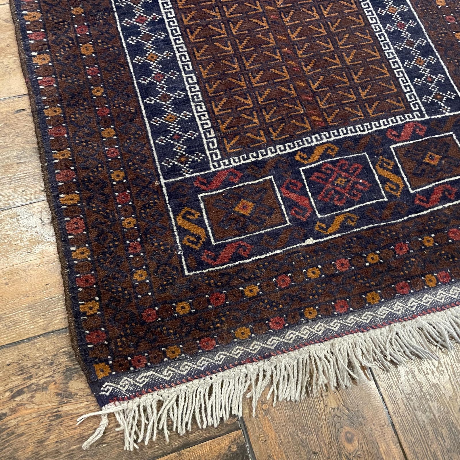 Textiles Antique Woven Rug Carpet Mat Rectangle Wool Vintage Pattern Woven Floor Hand Knotted Textile Patterned Pattern 154x79cm Earthy Brown Balouch photo
