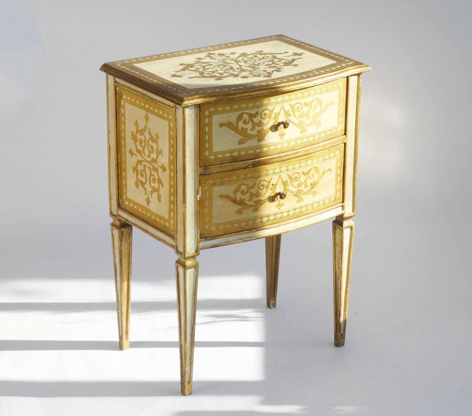Florentine Wooden Chest Of Drawers In Gold And White, Italian Entryway Table, Hollywood Regency Console photo furniture