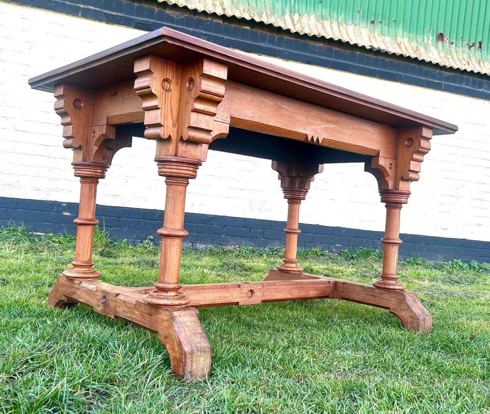 Gothic Pitch Pine Dining Table Vintage Kitchen Country Industrial Wooden Old Wooden Side Antique Refectory Island Console Coffee Occasional