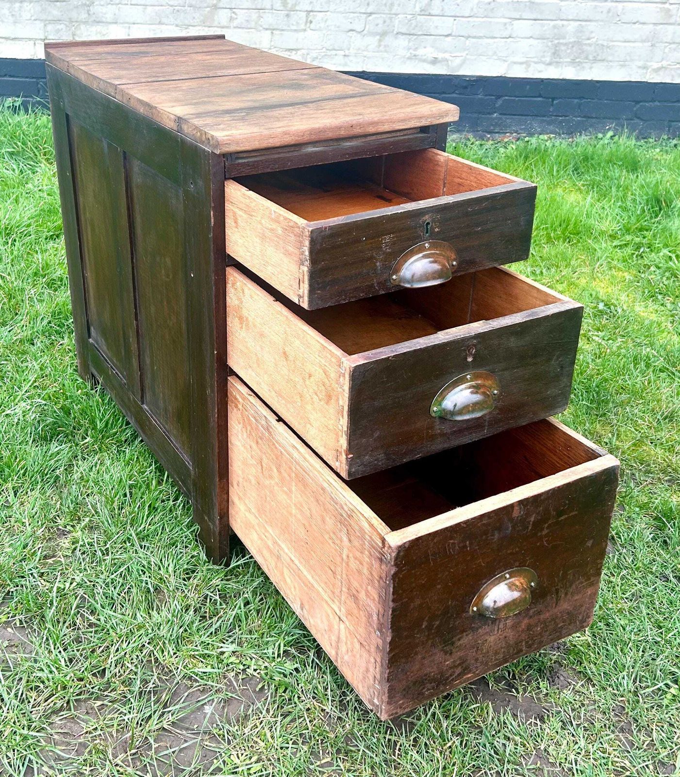1940s Three Drawer Oak Filing Cabinet Bedside Wooden Desk Industrial Antique Vintage Haberdashery Library Office photo for sale