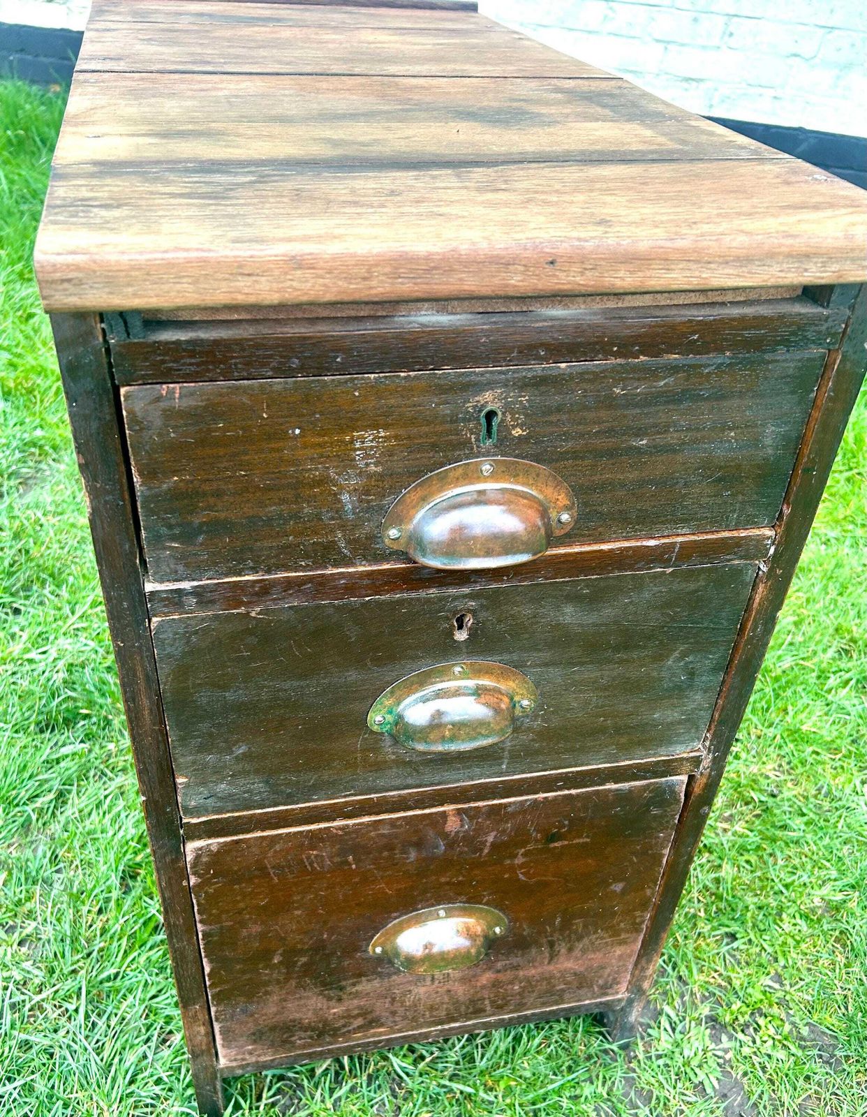 1940s Three Drawer Oak Filing Cabinet Bedside Wooden Desk Industrial Antique Vintage Haberdashery Library Office photo vinterior