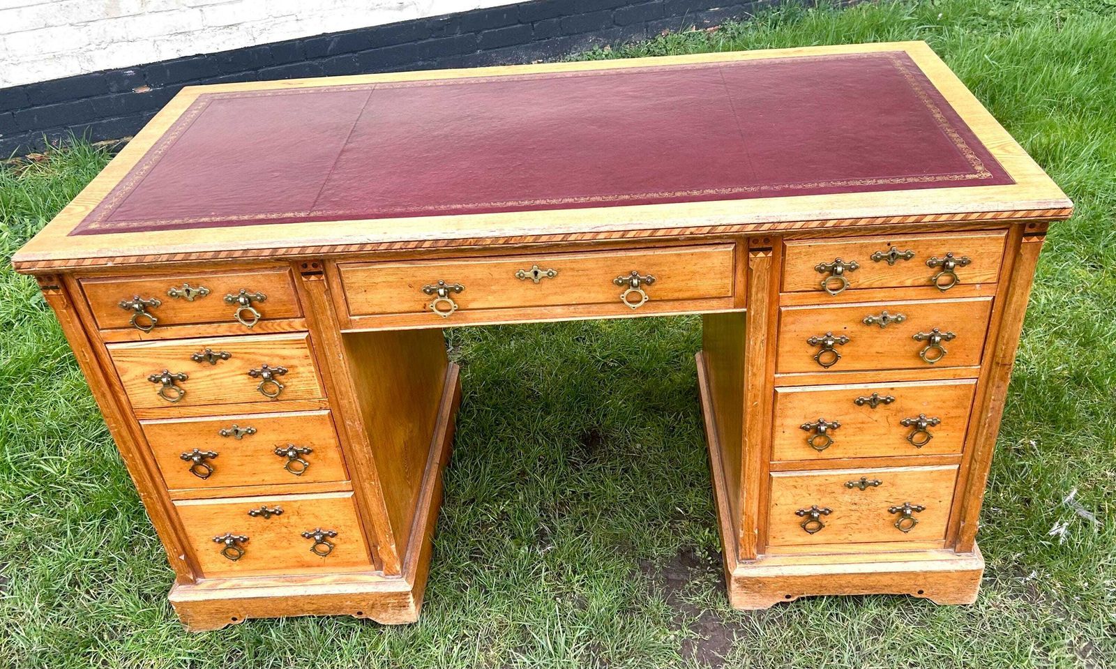 Charles Bevan Style Victorian Gothic Revival Antique Ash Desk Cabinet Vintage Storage Arts And Crafts Office Leather Wooden Table photo Furniture