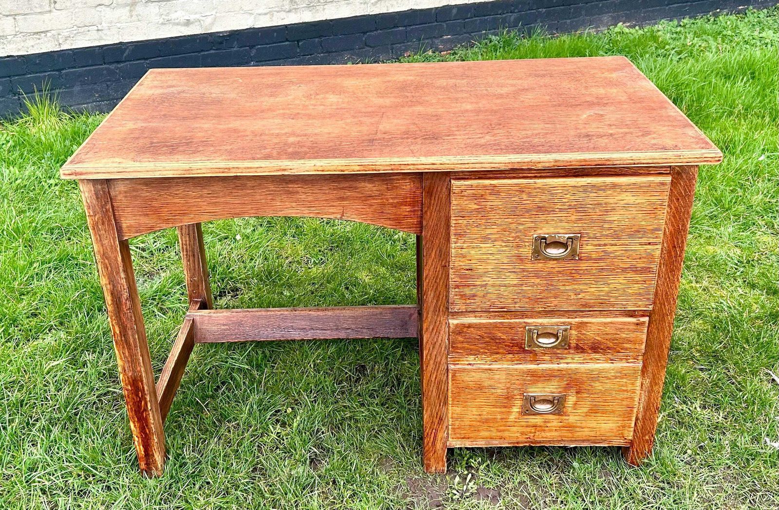 Furniture Vintage Oak Desk Industrial Office Retro Wooden Old Wooden Side Antique Drawer Filing Home Chair photo