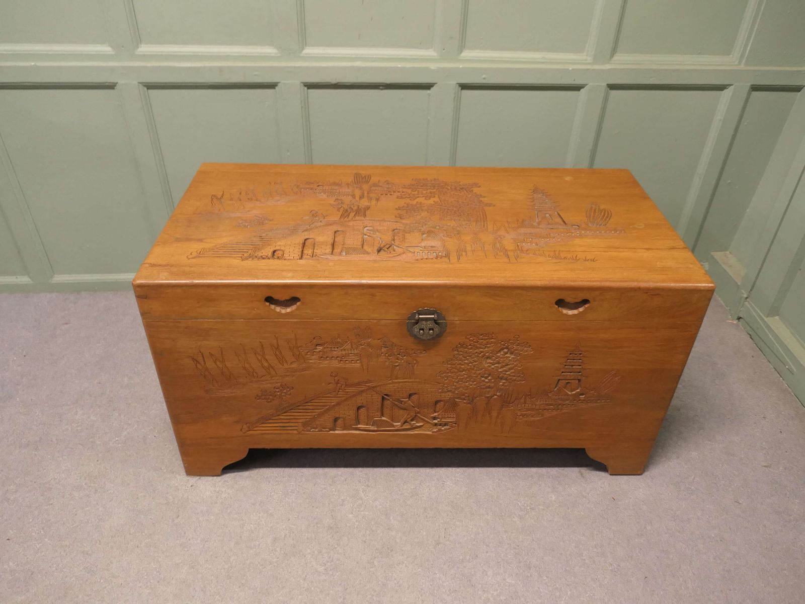 Oriental Minimalist Carved Camphor Wood Chest