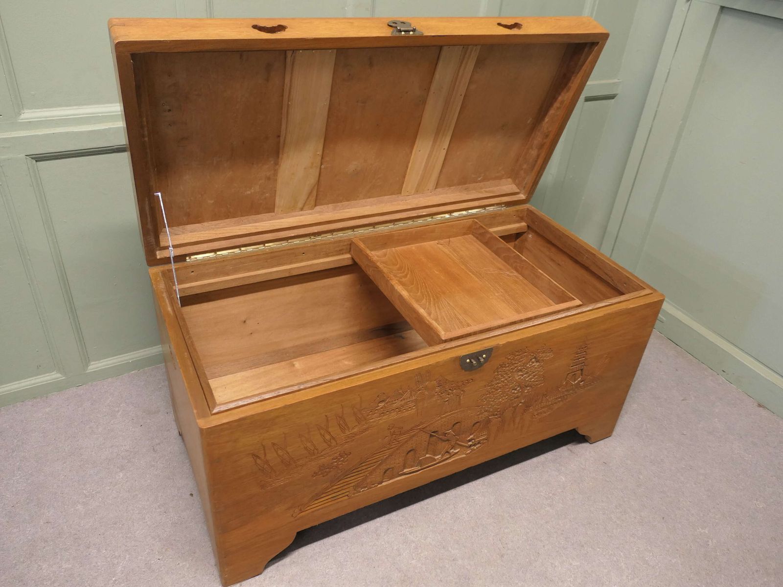 Oriental Minimalist Carved Camphor Wood Chest photo furniture