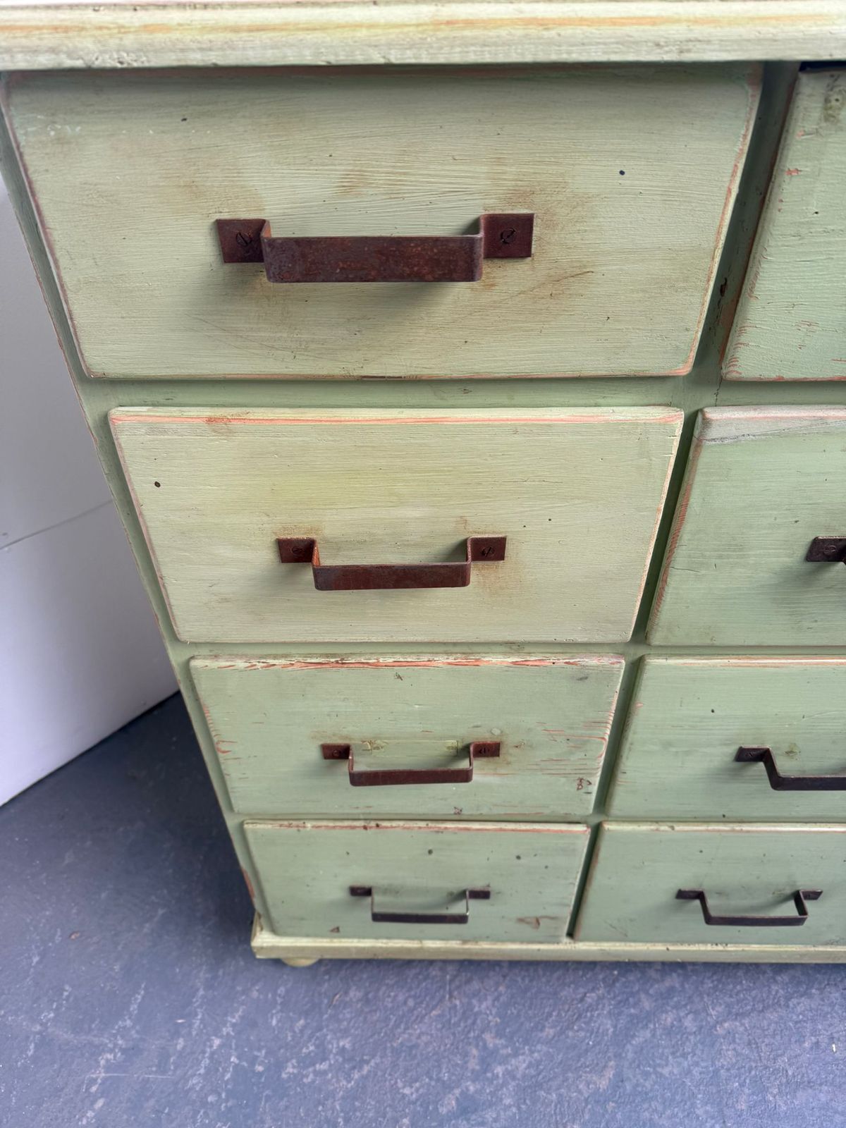 A Lovely Original Antique  Pine Painted Light Green 16 Drawer Shop Fitting photo buy