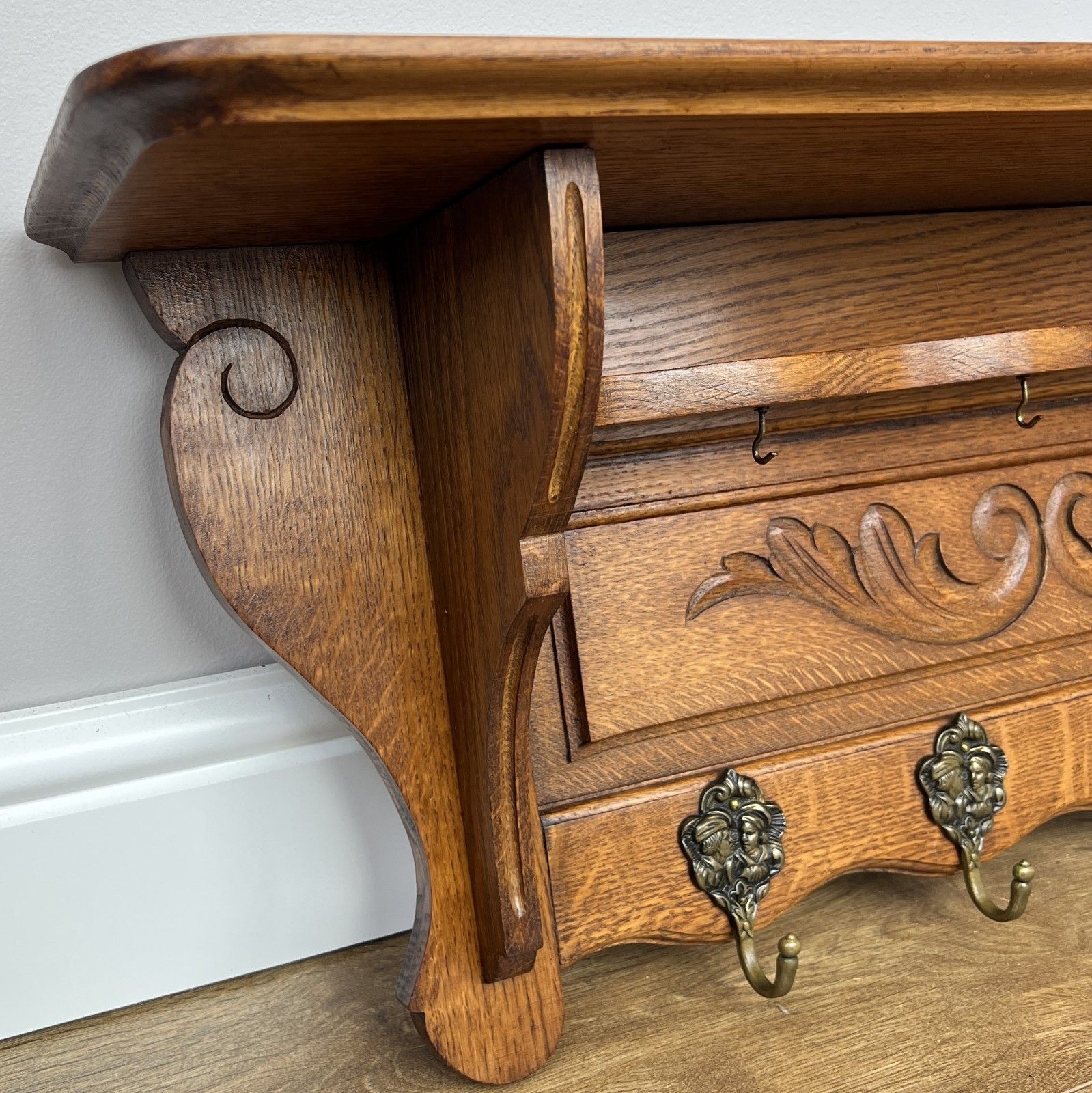 French Vintage Coat Rack Oak 4 Hooks Wall Shelf Carved Coat Hanger Lot 4907 photo vintage
