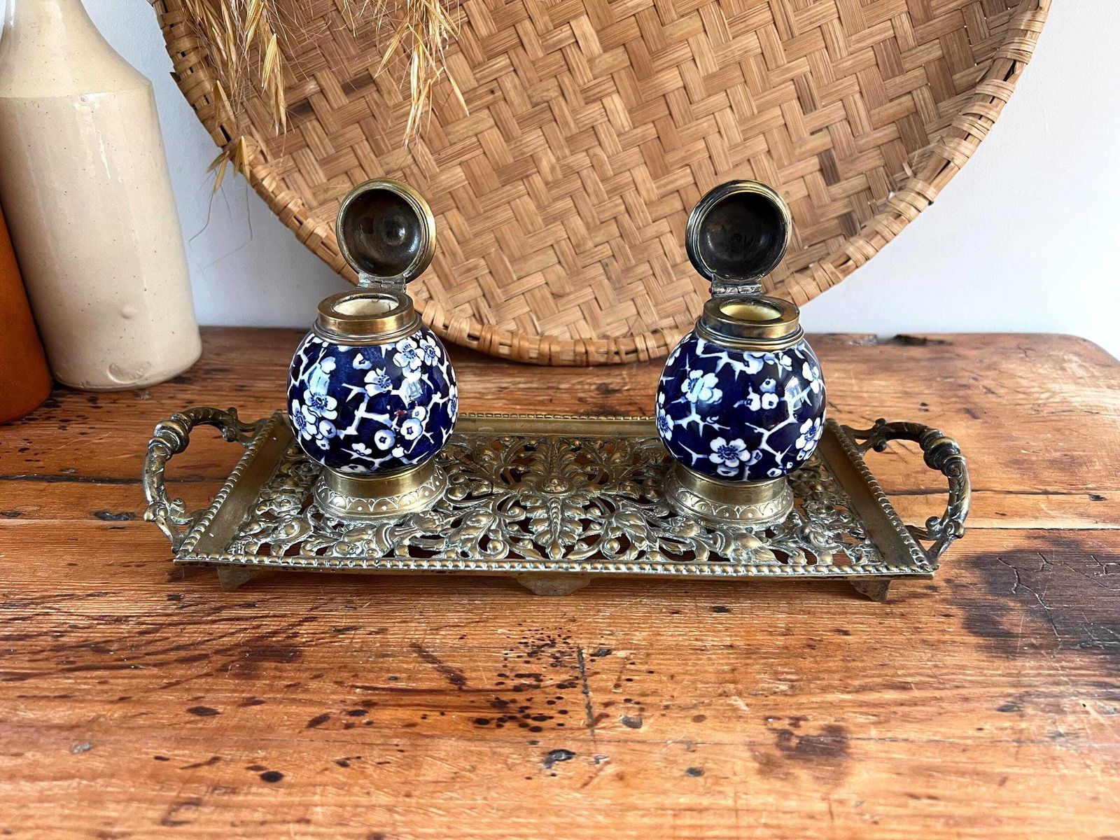 Antique Victorian Double Inkwell By Townshend & Co – Ornate Brass Inkstand With Blue White Prunus Porcelain Wells Original Ceramic Liners photo 180.0