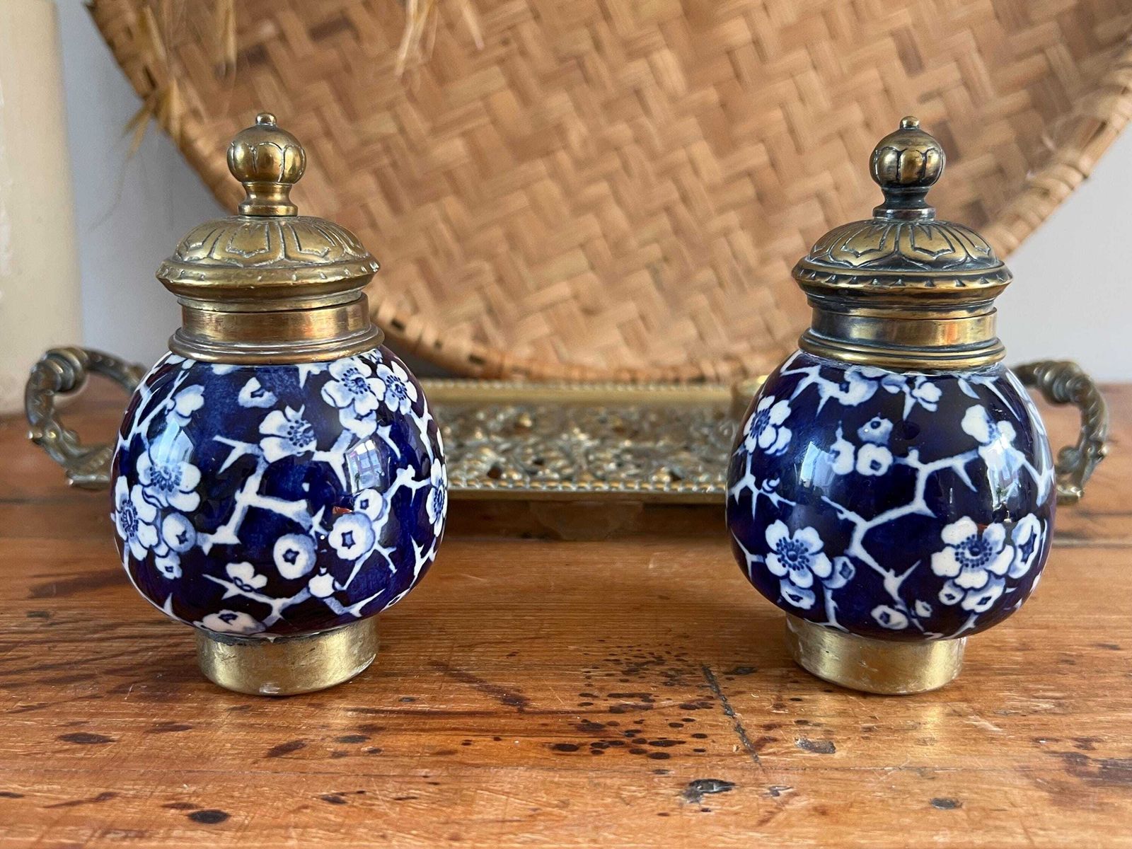 photo furniture Antique Victorian Double Inkwell By Townshend & Co – Ornate Brass Inkstand With Blue White Prunus Porcelain Wells Original Ceramic Liners