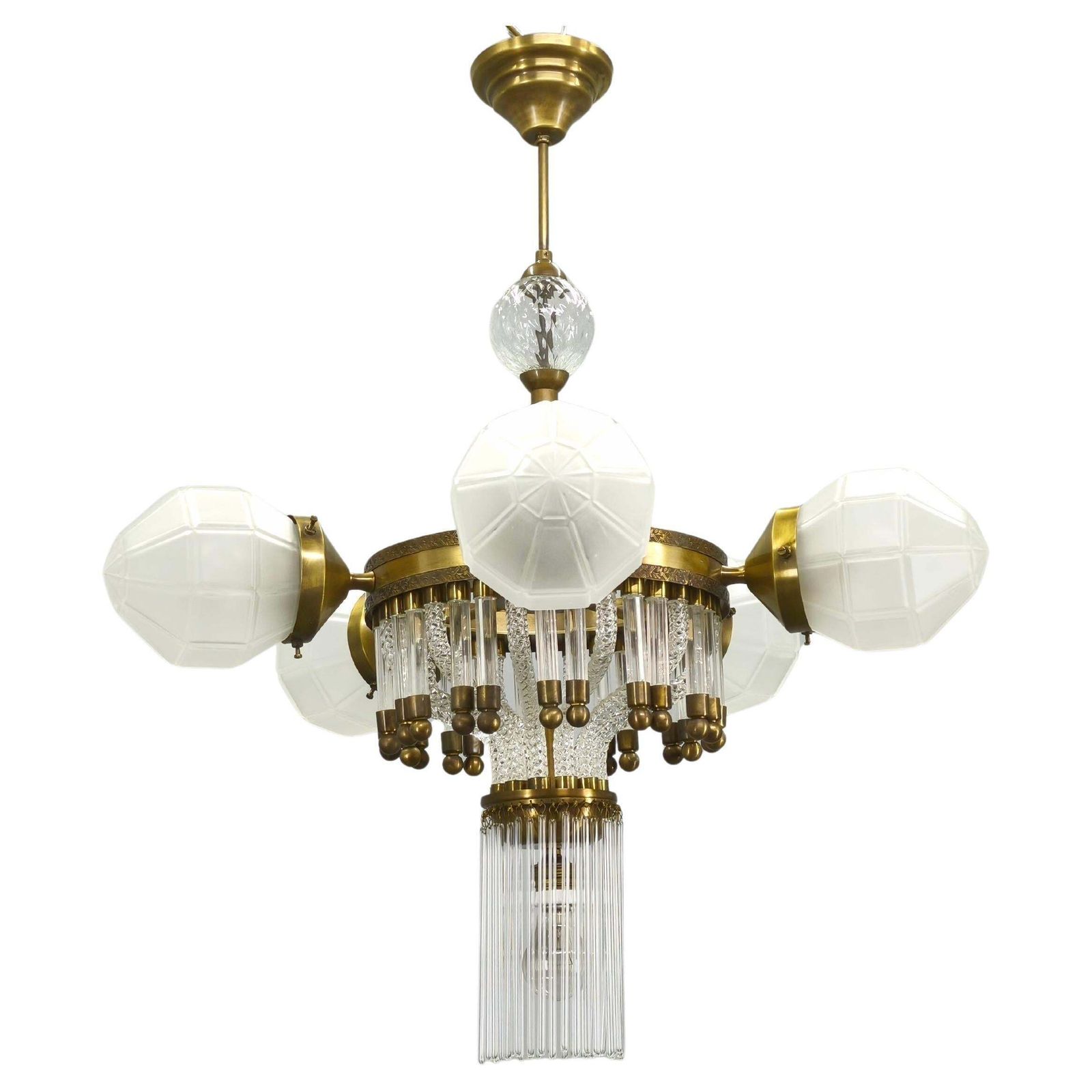 Czech Art Deco Brass And Glass Chandelier, 1950s