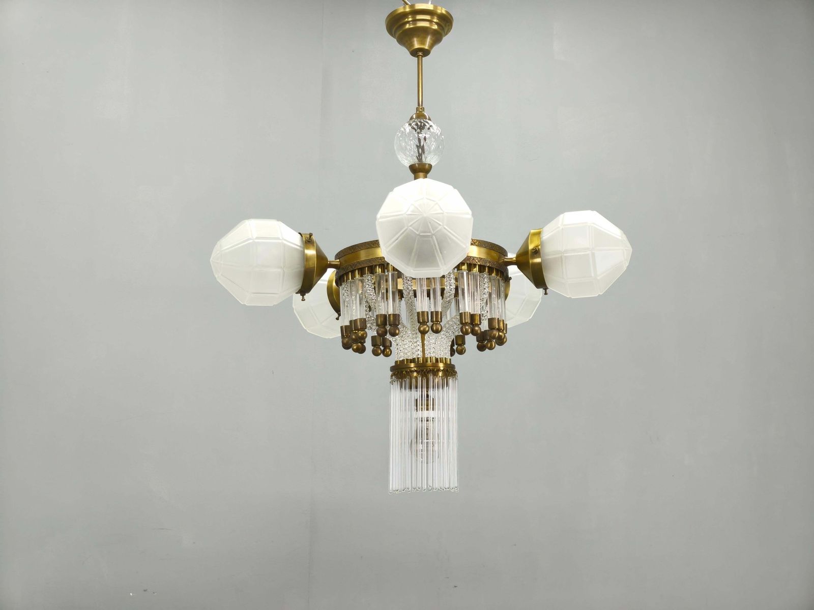 Czech Art Deco Brass And Glass Chandelier, 1950s photo furniture