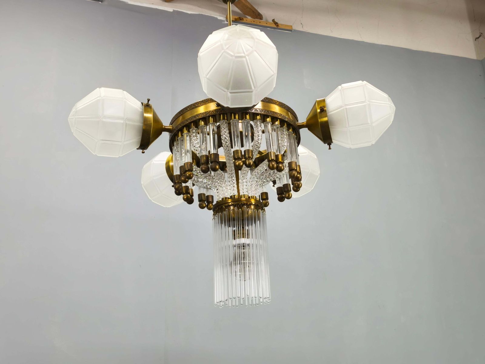 Czech Art Deco Brass And Glass Chandelier, 1950s photo 2726.0