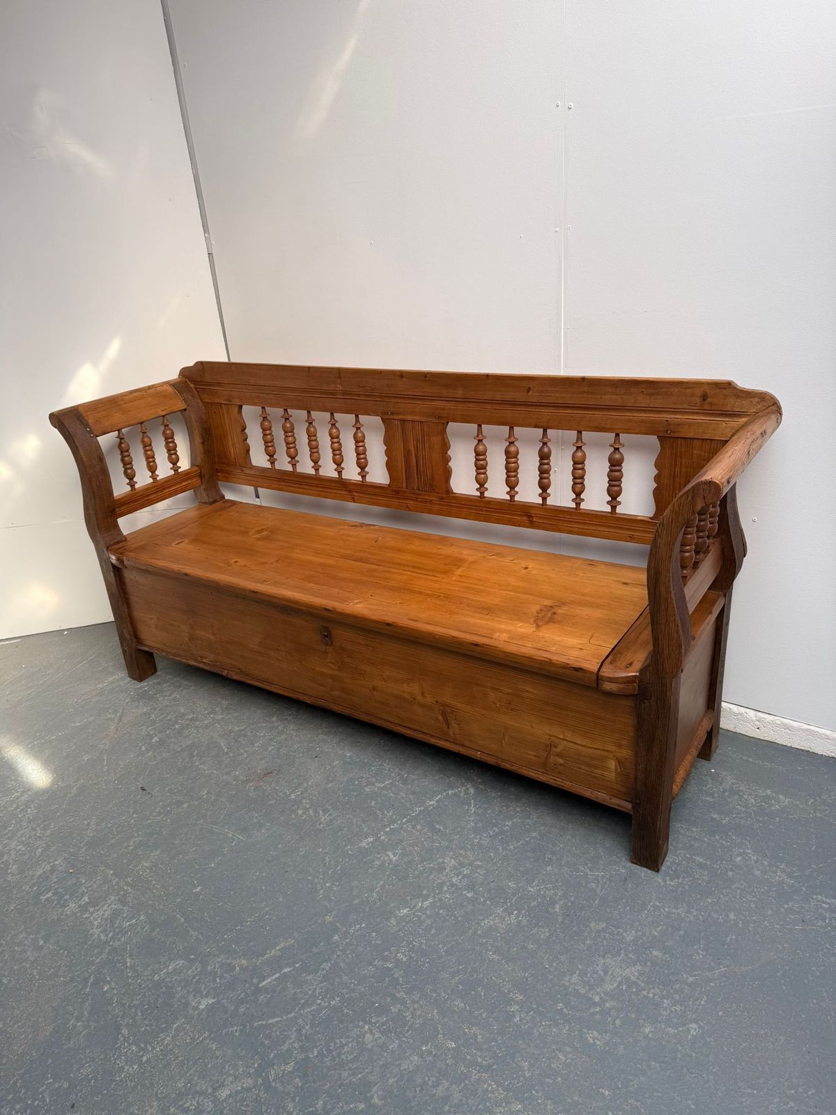 A Wonderful Waxed Original Victorian Pine Hungarian 3 Seater Box Settle