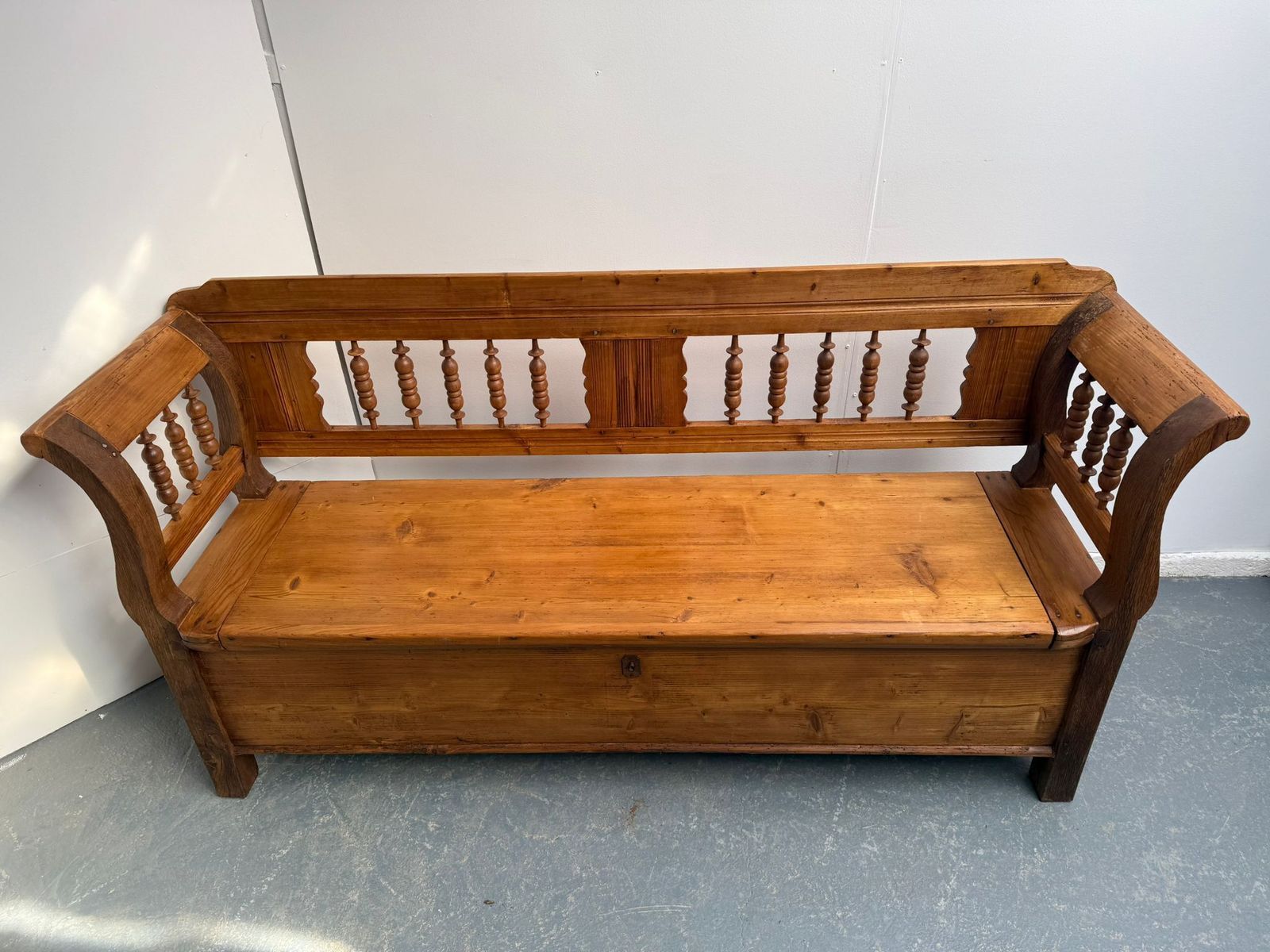 A Wonderful Waxed Original Victorian Pine Hungarian 3 Seater Box Settle photo for sale