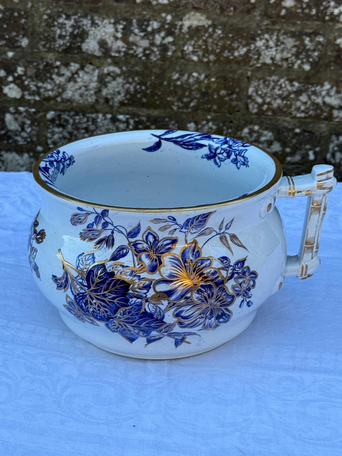 Victorian Ashworth Brothers Chamber Pot Blue Floral Gilt Ironstone Antique Planter photo furniture