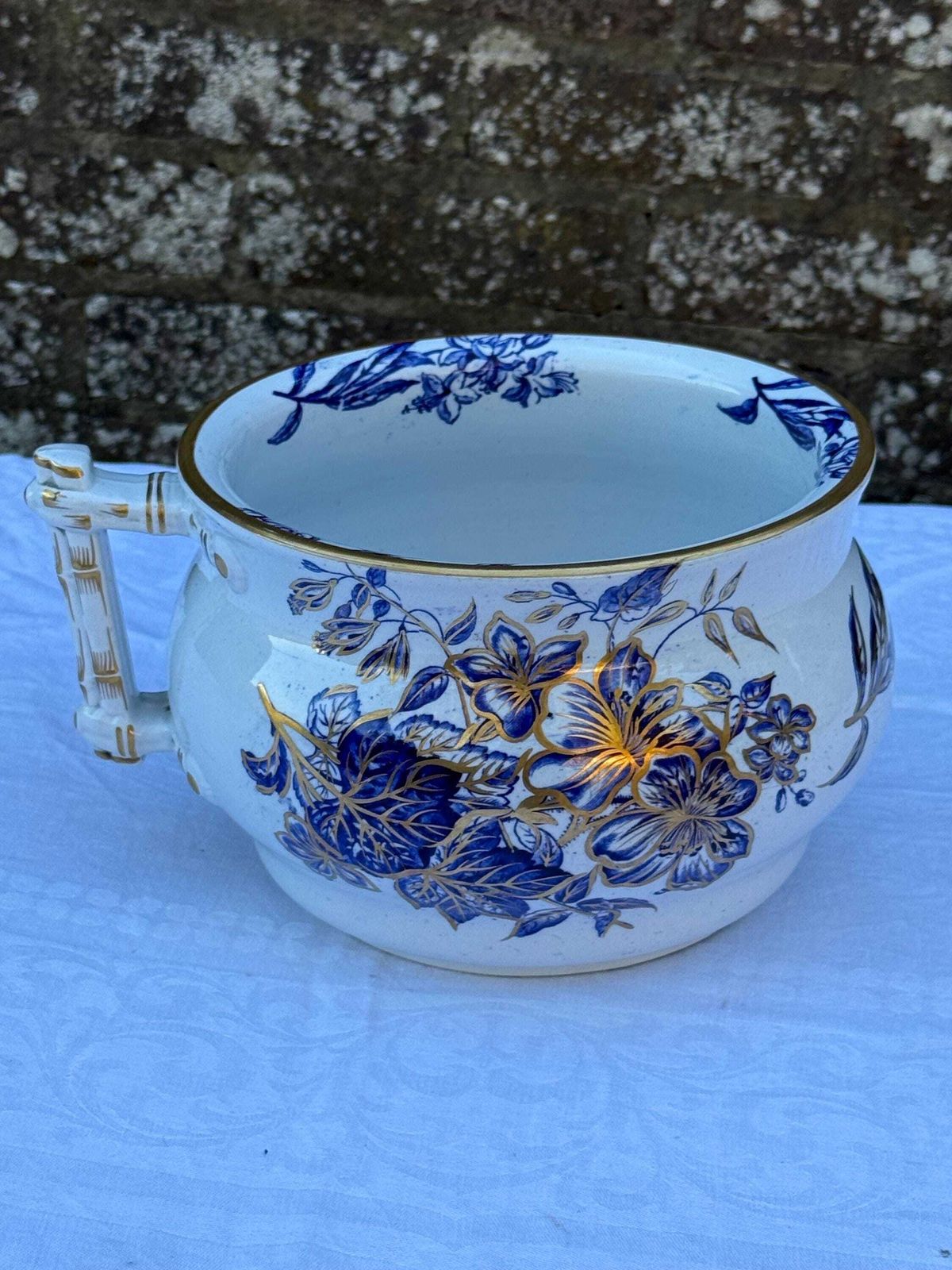 Victorian Ashworth Brothers Chamber Pot Blue Floral Gilt Ironstone Antique Planter photo for sale