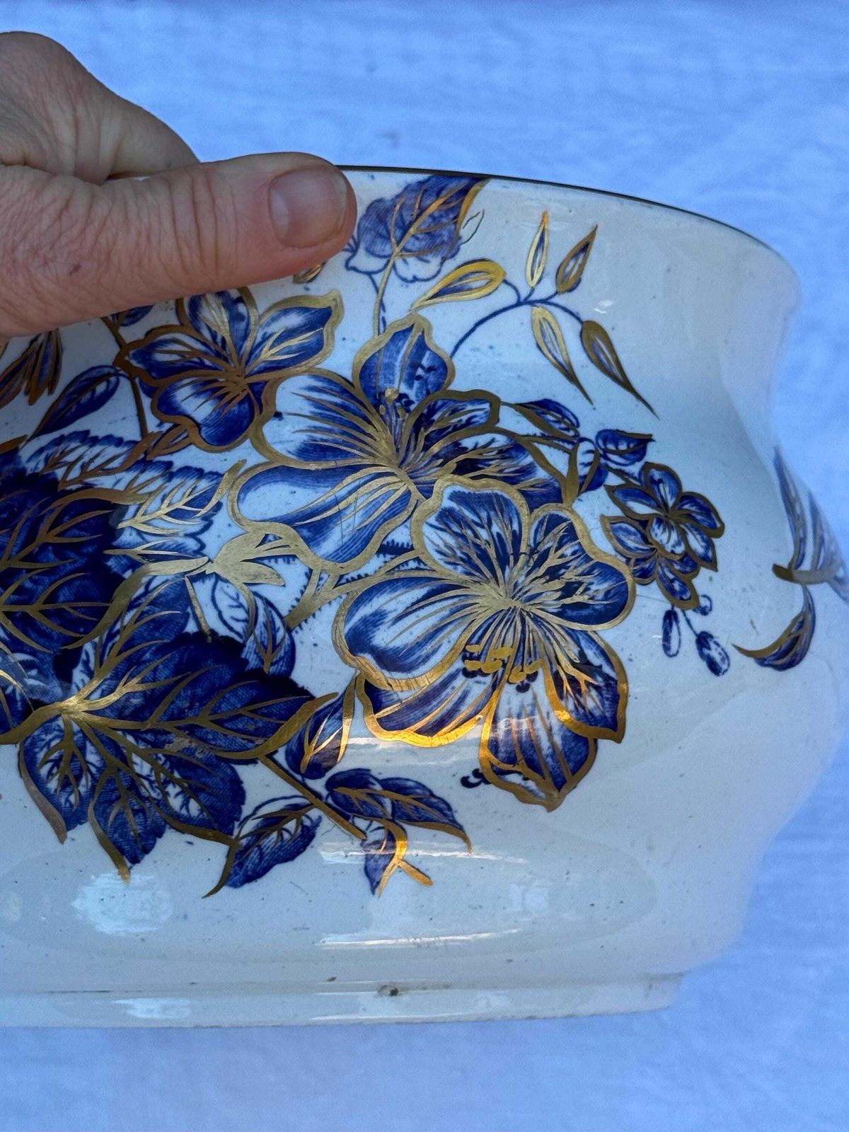 photo for sale Victorian Ashworth Brothers Chamber Pot Blue Floral Gilt Ironstone Antique Planter