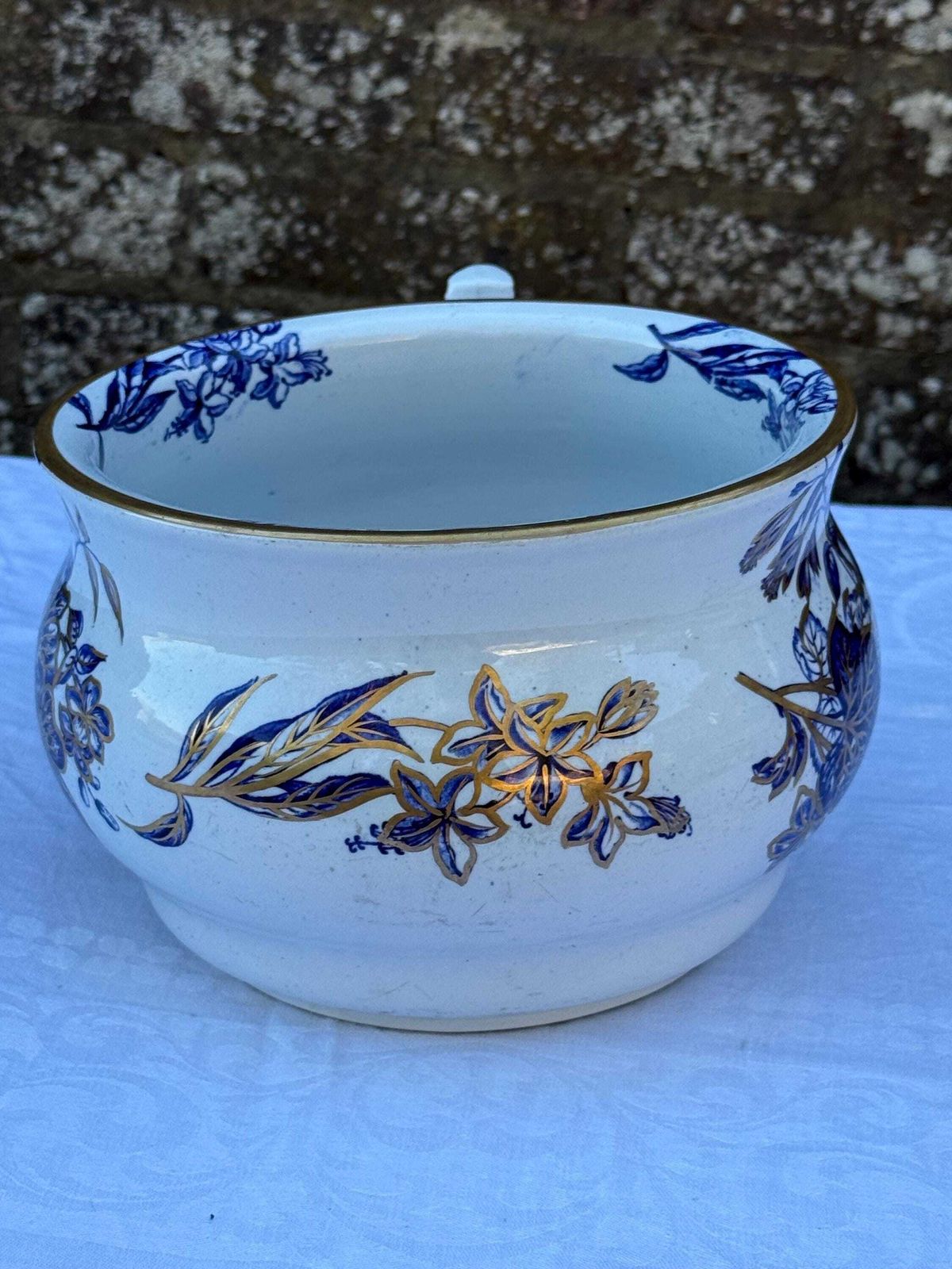 photo buy Victorian Ashworth Brothers Chamber Pot Blue Floral Gilt Ironstone Antique Planter