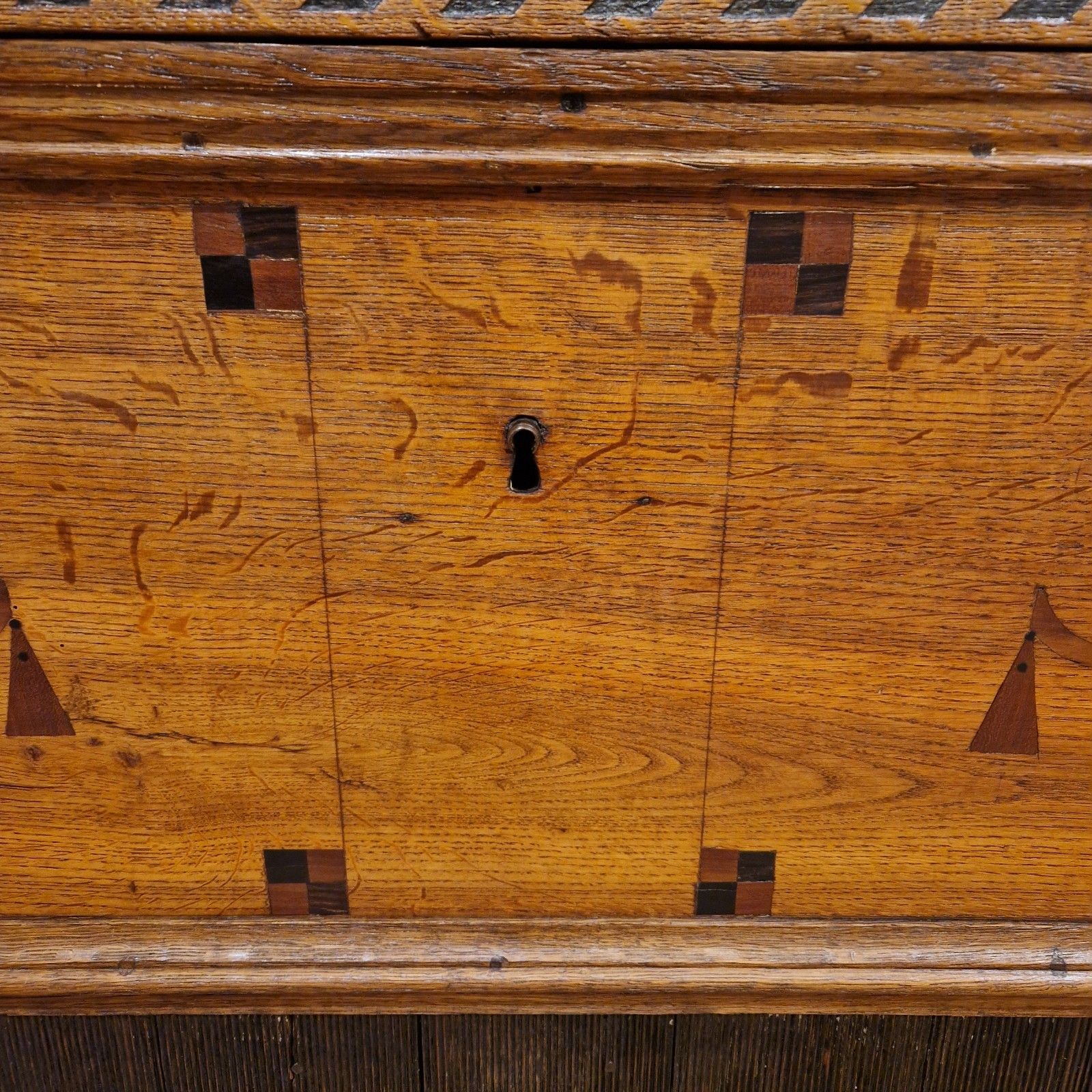 photo for sale Antique 18th Century Dutch Oak Coffer – Chevron Inlays & Original Iron Handles