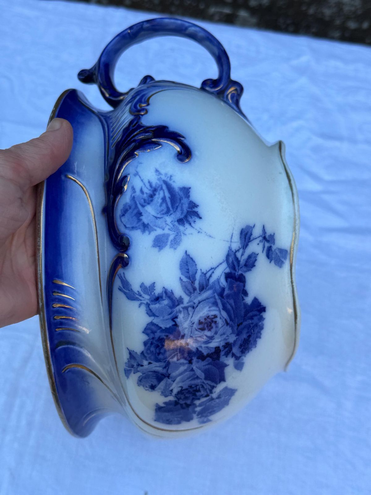 Antique Royal Doulton Adele De Dijon Chamber Pot Blue White Edwardian Planter England photo for sale