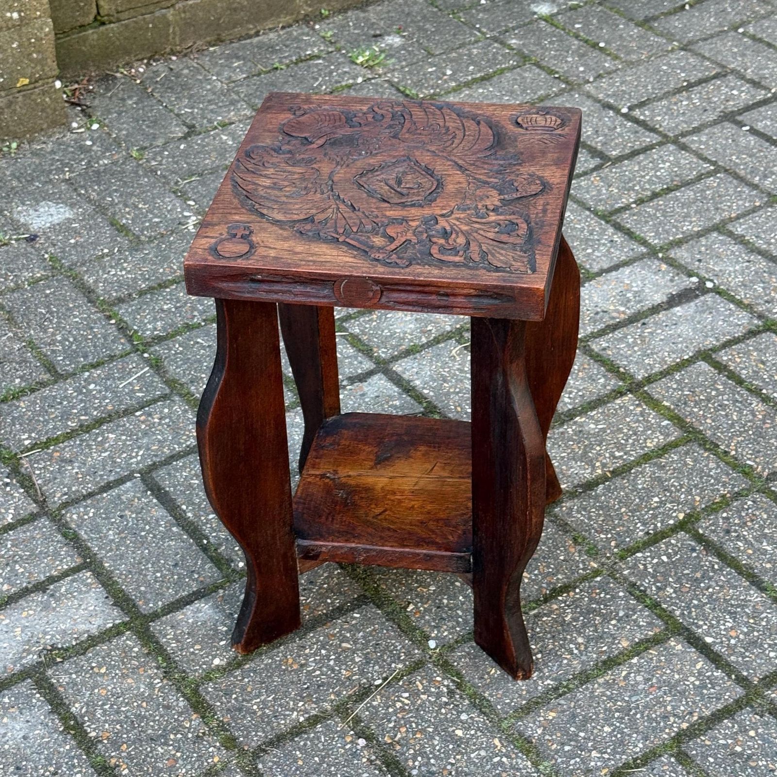 Vintage Circa 1930s Carved Oak Occasional Table Heraldic Crest Double Eagle Gothic Style
