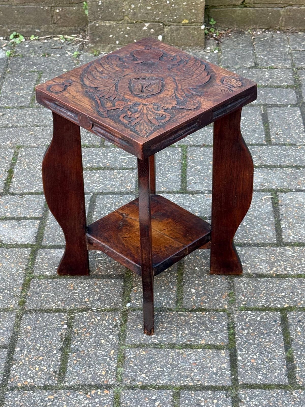 Vintage Circa 1930s Carved Oak Occasional Table Heraldic Crest Double Eagle Gothic Style photo Furniture