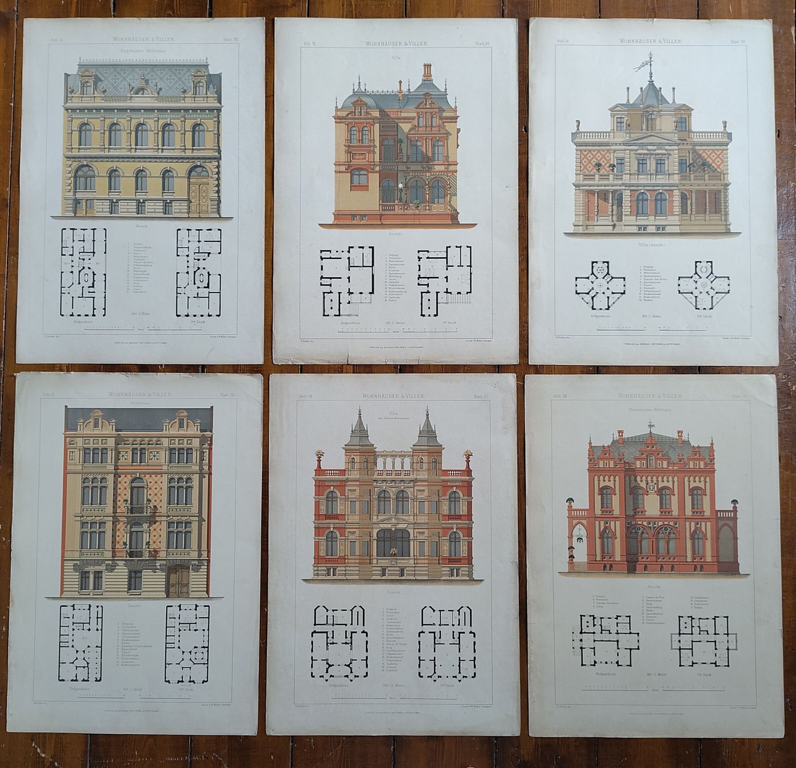 Set 4: 6 Large Antique 19thc Chromolithographs – Bethke ‘Villen’ Series, C.1885