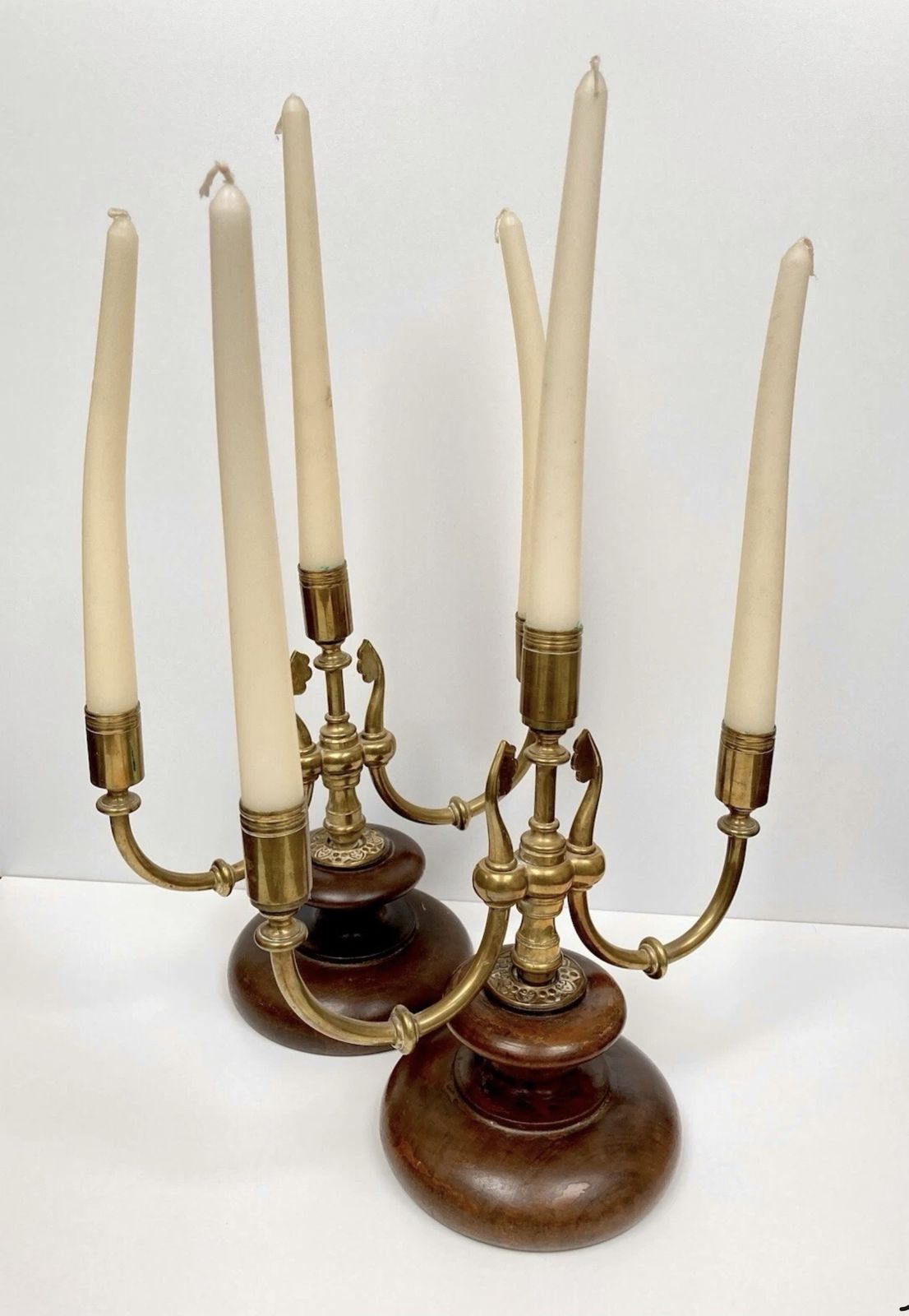 Pair Of Stunning Arts And Crafts Walnut And Brass Candlesticks  / Candelabras