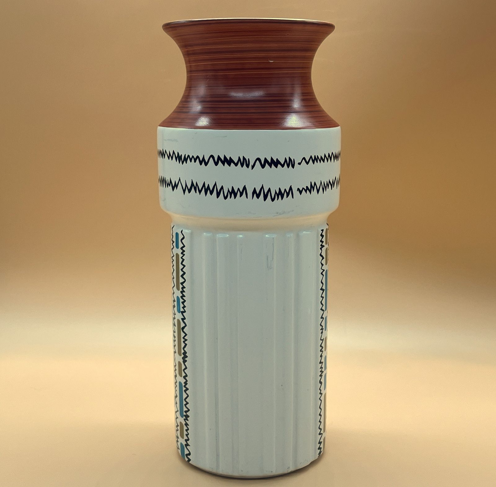 Mcm Crown Devon Pottery Hand Painted Geometric 1960's Vase Designed By Colin Melbourne. 1502.  Height Is 25cm Or 9.75". photo vinterior
