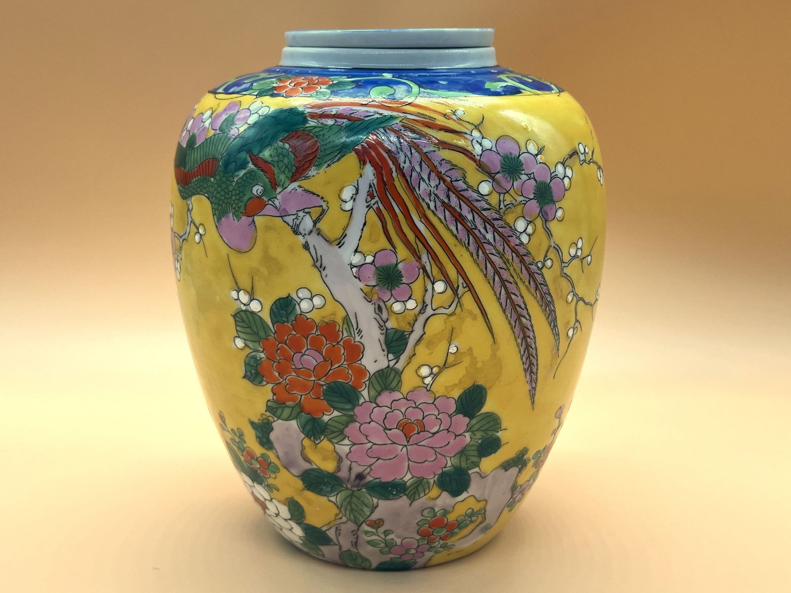 Antique Japanese Yamatoku Ware Lidded Ginger / Temple Jar, Asiatic Pheasants, Lotus And Dogwood Flowers.