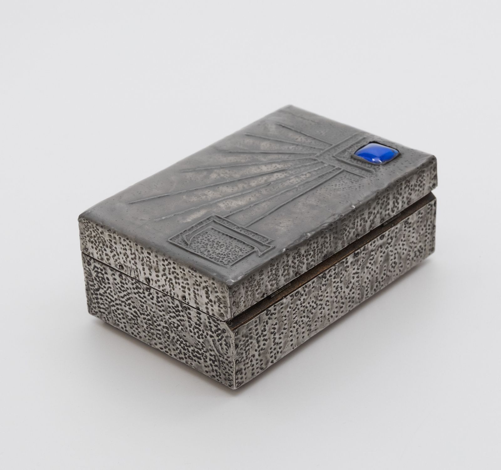 Art Deco / Arts & Crafts Pewter Small Box With Blue Glass Cabochon Casket photo for sale