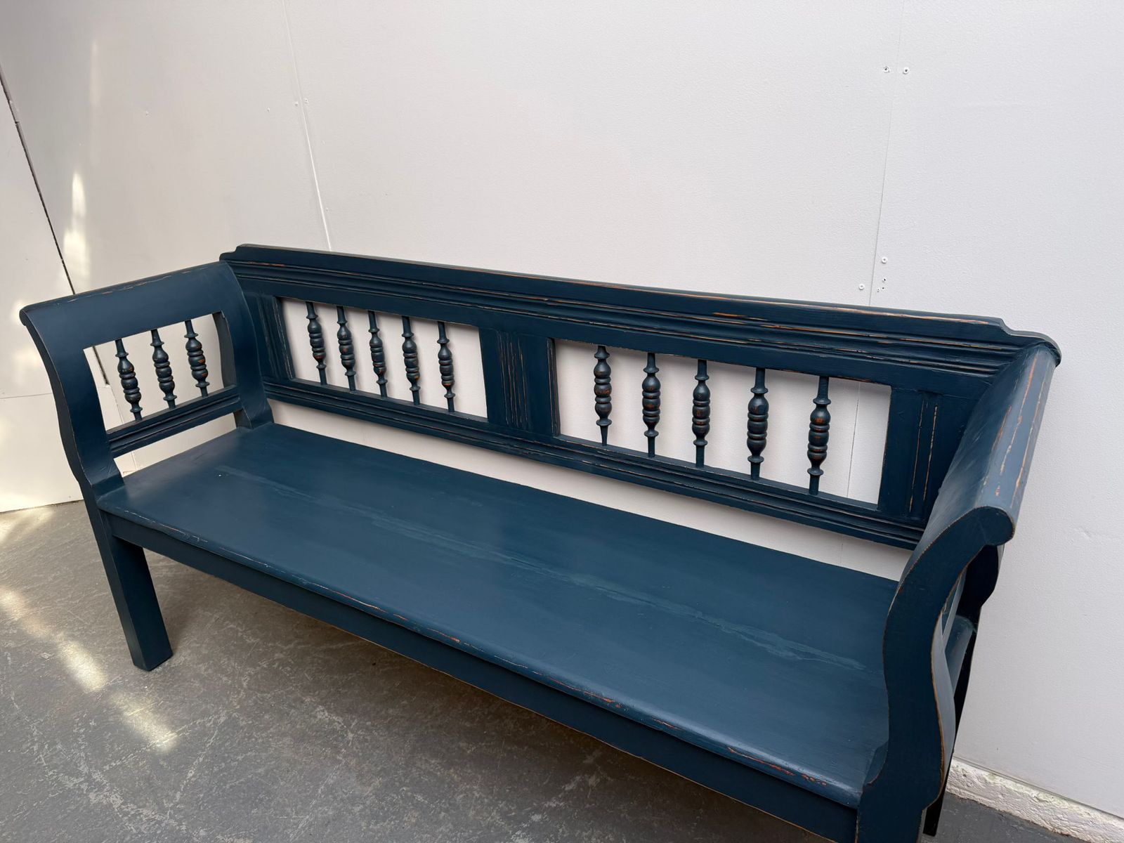 A Lovely Painted Blue Original Victorian Pine Hungarian 3 Seater Bench photo furniture