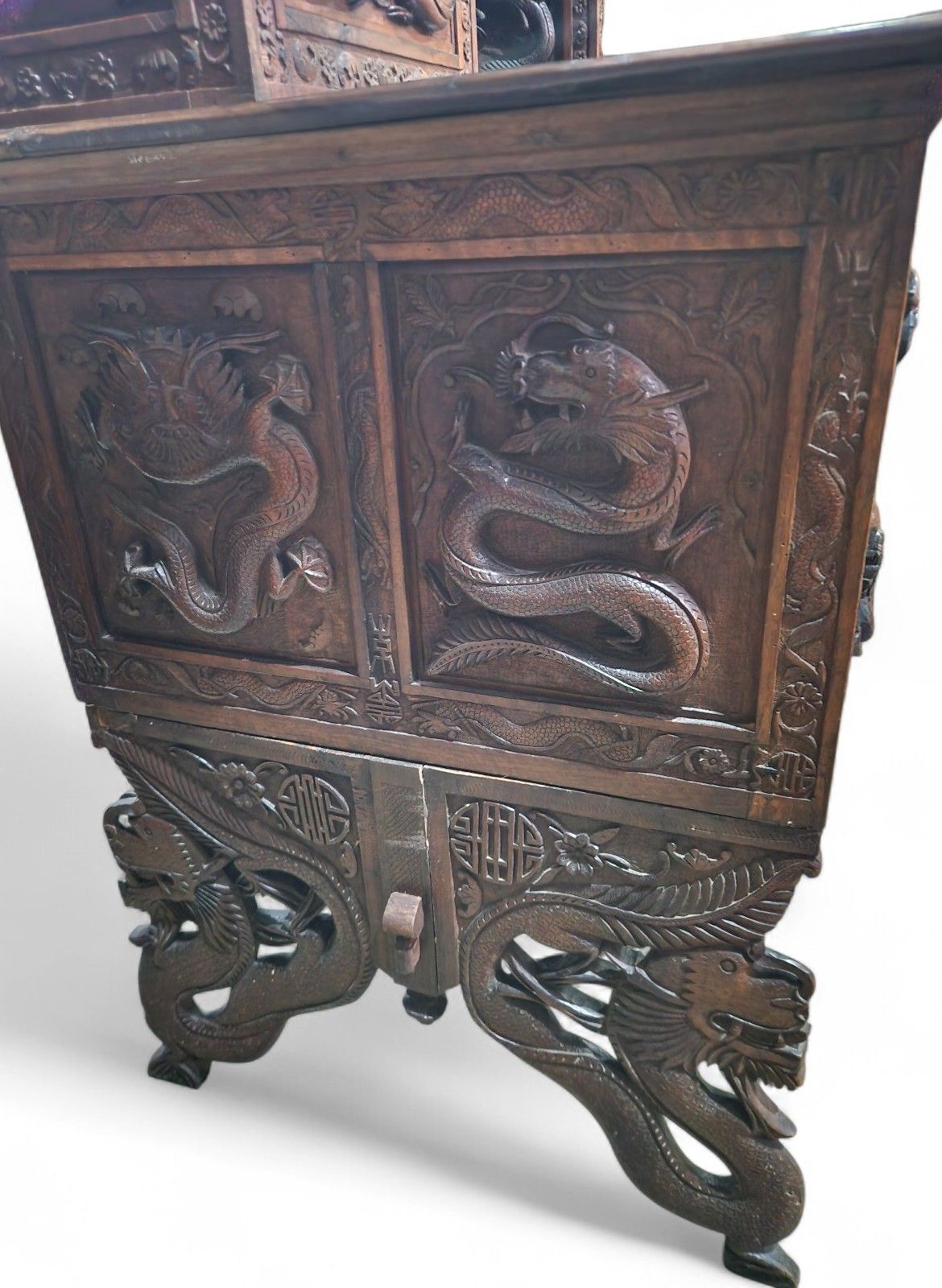 photo for sale Large Antique Oriental Desk Heavily Carved Solid Wood Elm Very Nice Quality
