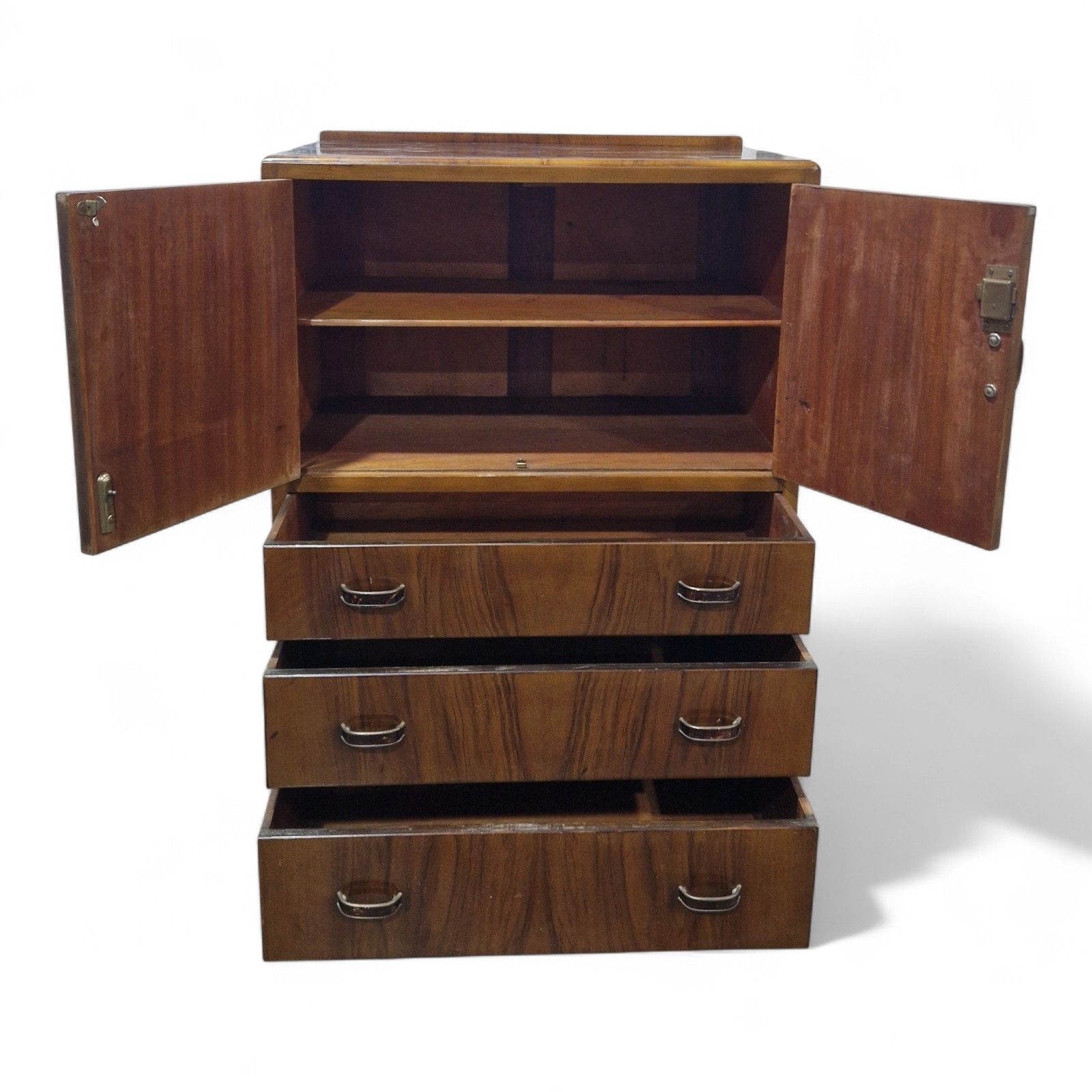 Antique Walnut Linen Cabinet / Vintage Millinery Storage Cupboard With Drawers photo for sale