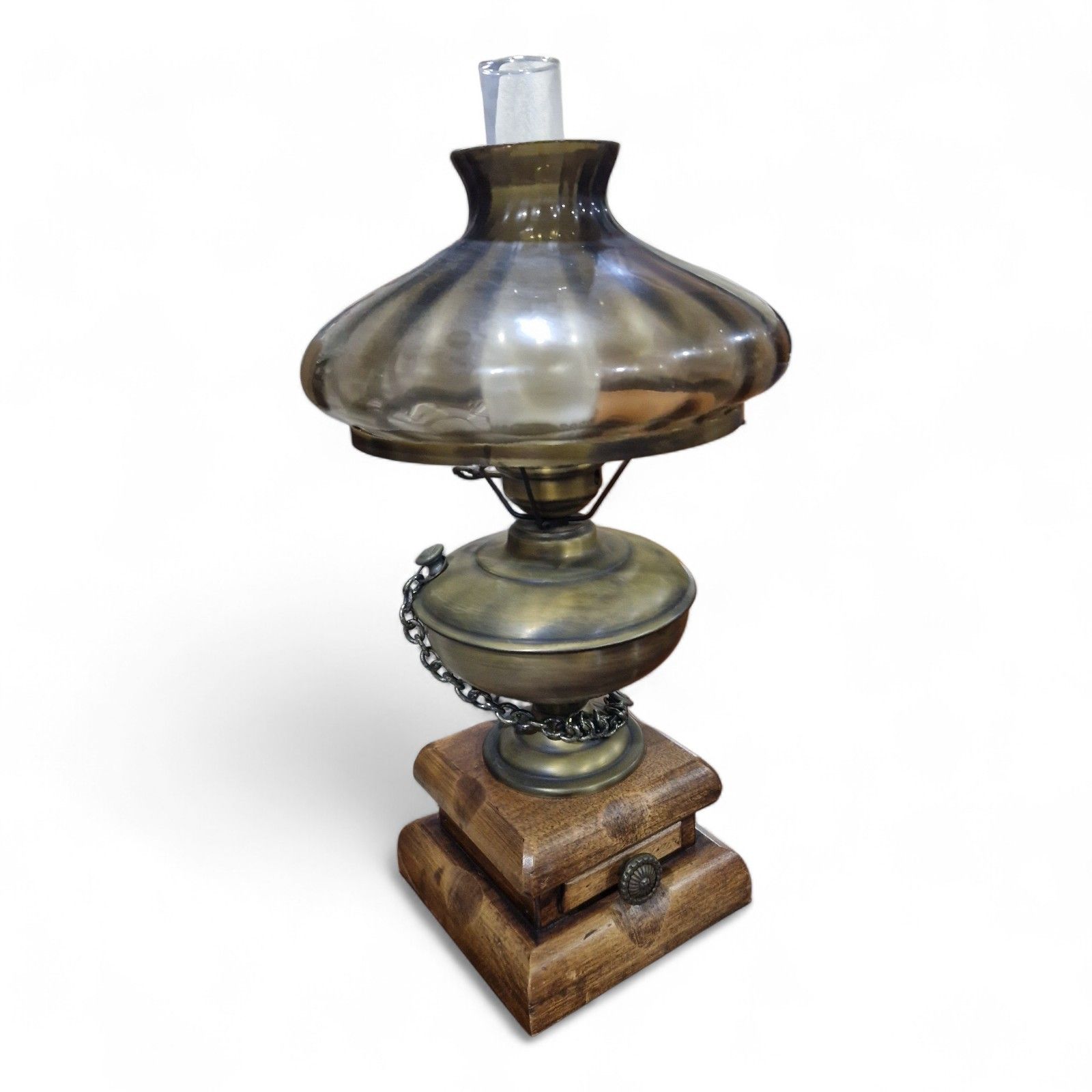 Antique Desk Light Converted Glass Chimney Oil Lamp Smoked Glass Globe photo Lighting