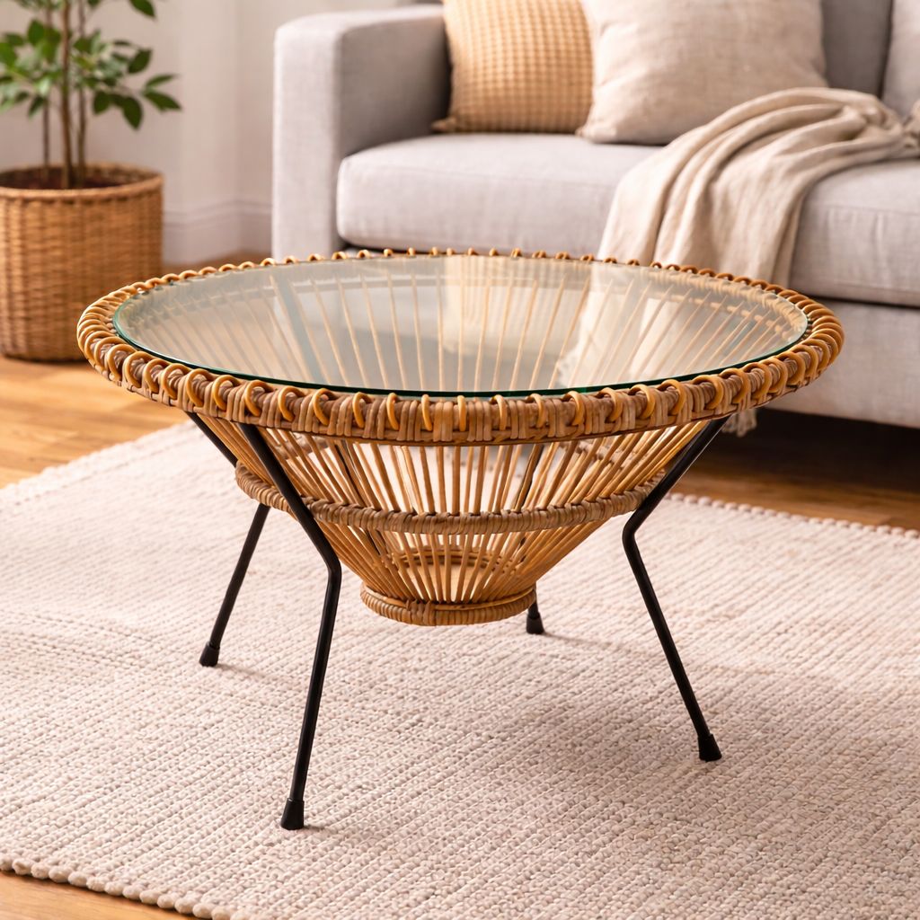 Franco Albini Rattan Coffee Table – Vintage Mid Century Modern Glass Top