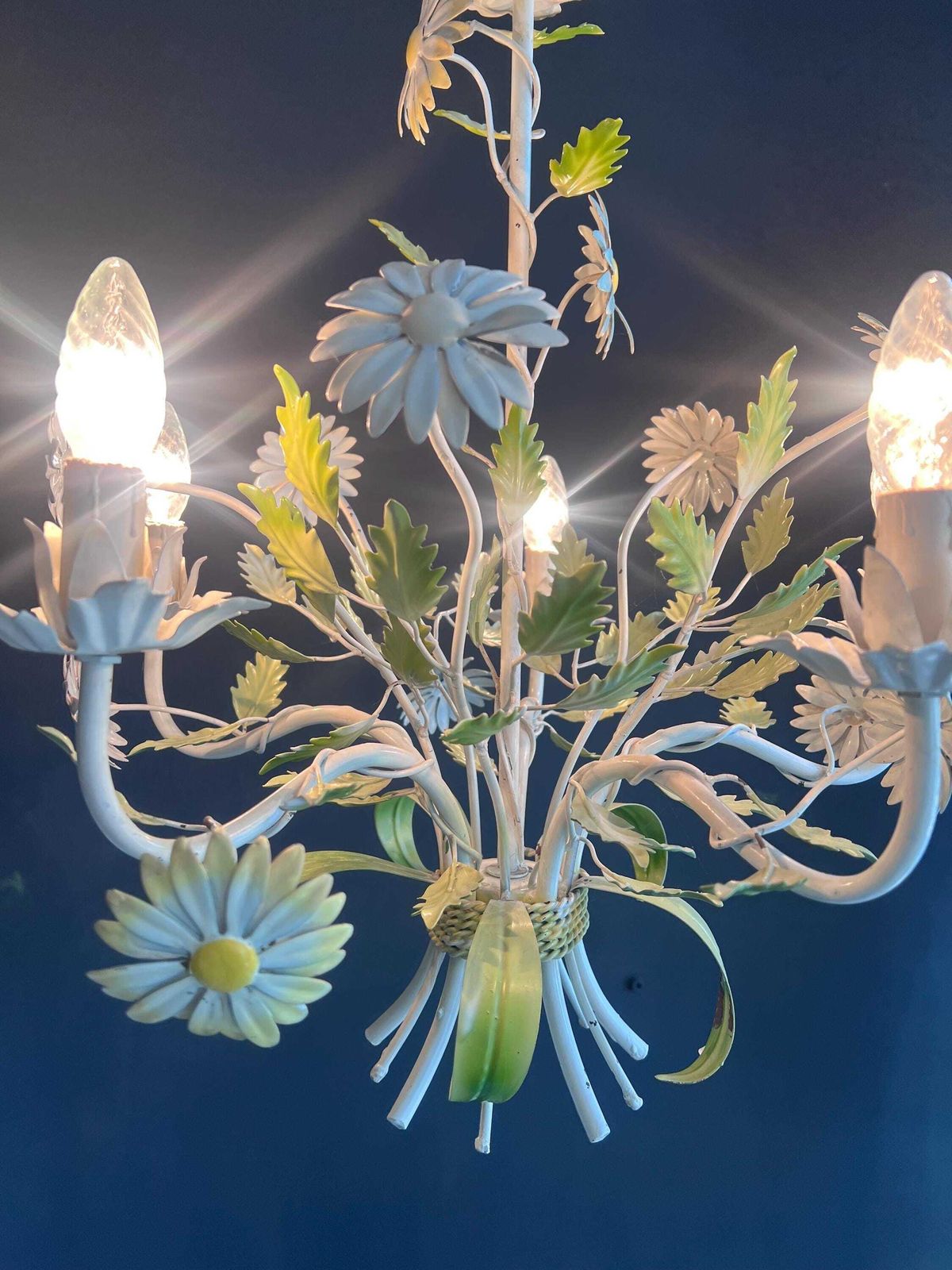 Vintage French Toleware Daisy Chandelier, Shabby Chic Floral Chandelier photo furniture