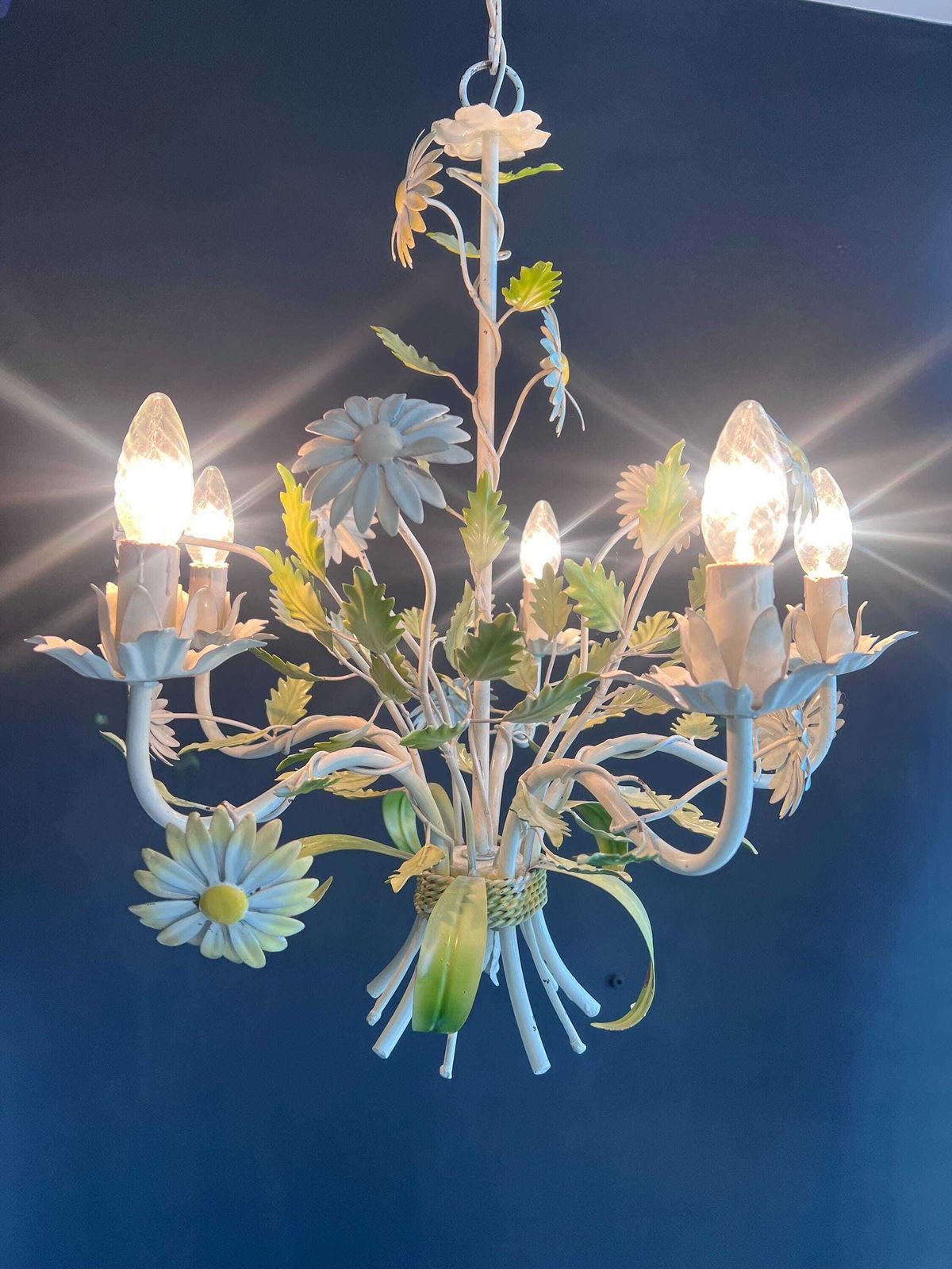 545.0 Vintage French Toleware Daisy Chandelier, Shabby Chic Floral Chandelier photo