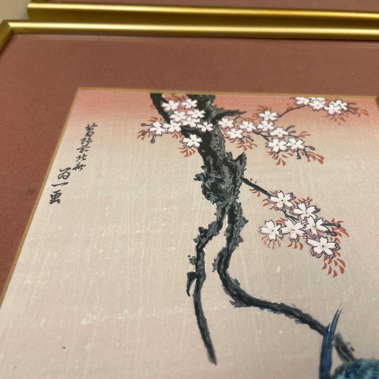 4 Oriental Hand Printed Pictures Framed Vintage Birds Gold Frame Art Paper Antique Original Artwork Block / Screen Printed Japanese Japan photo vintage
