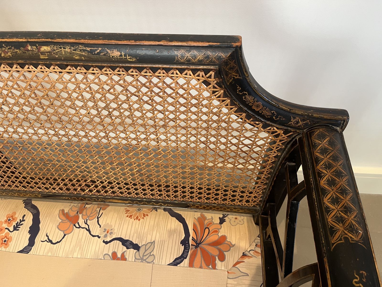 Decoratively Painted Chinoiserie Antique Three Seater Sofa. photo vintage