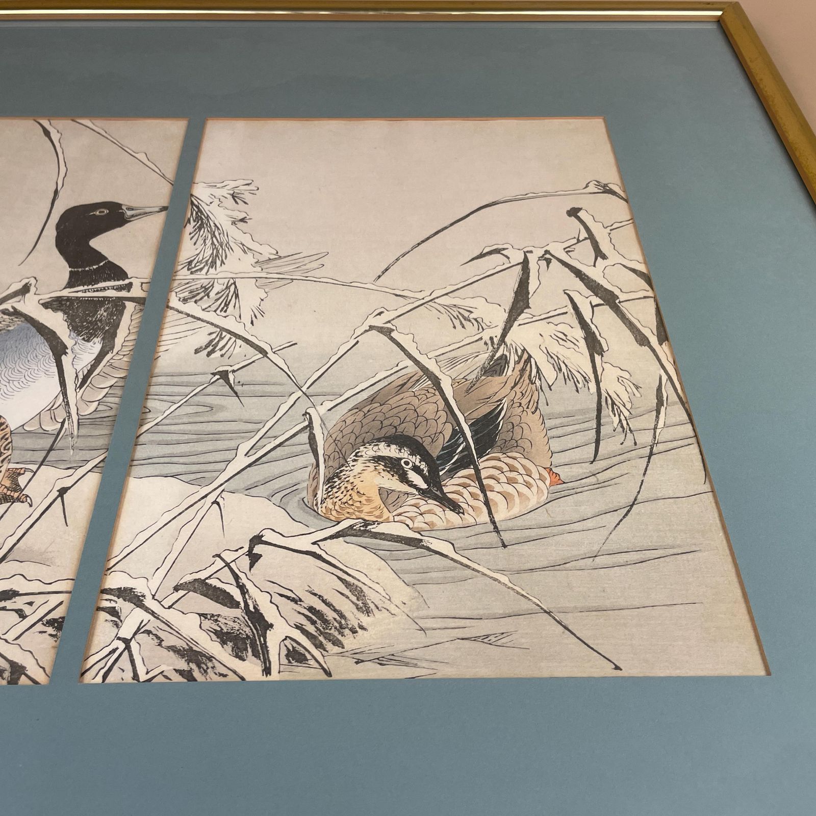 Oriental Art Japan Original Imao Keinen Picture Flowers & Birds Book Reed Duck Picture Framed Gold Antique Artwork Woodcut Print Japanese photo 475.0