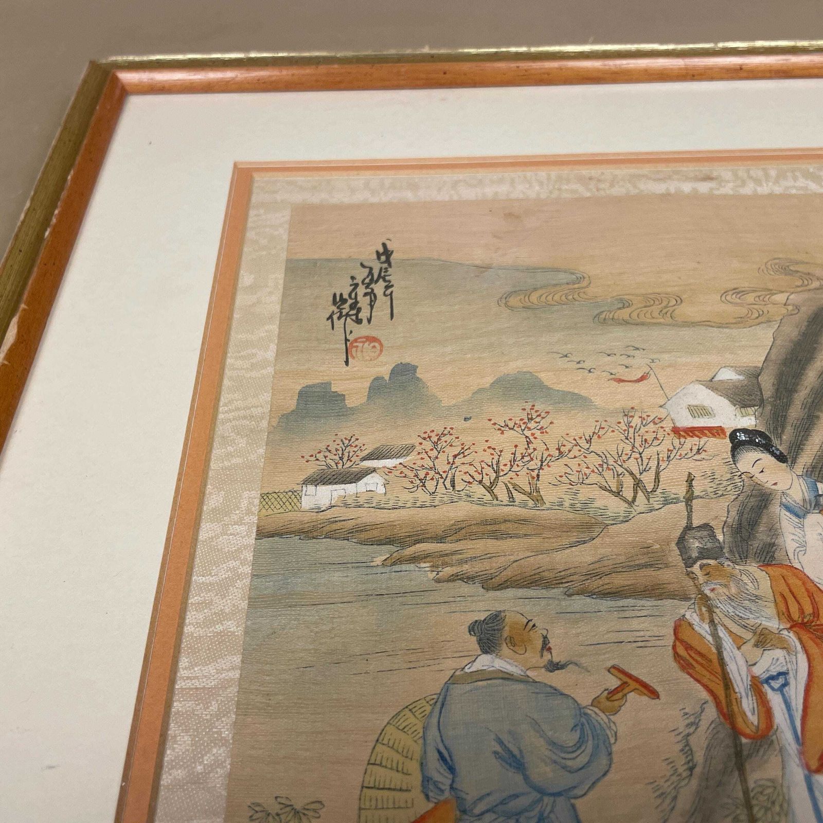 Hand Painted Silk Painting Japanese Artwork Art Wall Hanging Oriental Detailed Gold Frame Antique Vintage Picture Framed Figures Beige photo 75.0