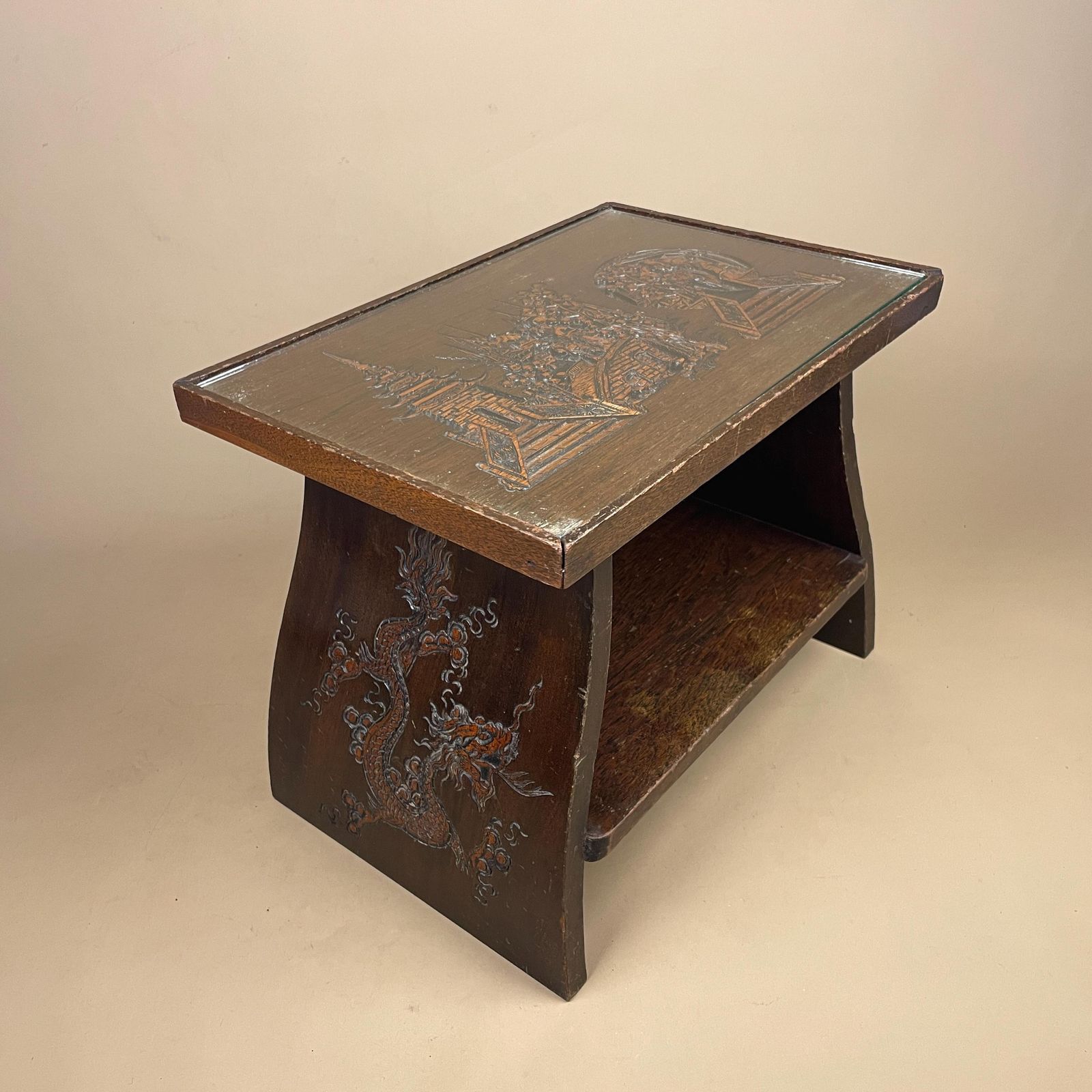 Oriental Chinese Hardwood Table Antique Side End Rectangular Asian Coffee Tea Table Stand Home Accent Decorative Carved Dragons Glass Top